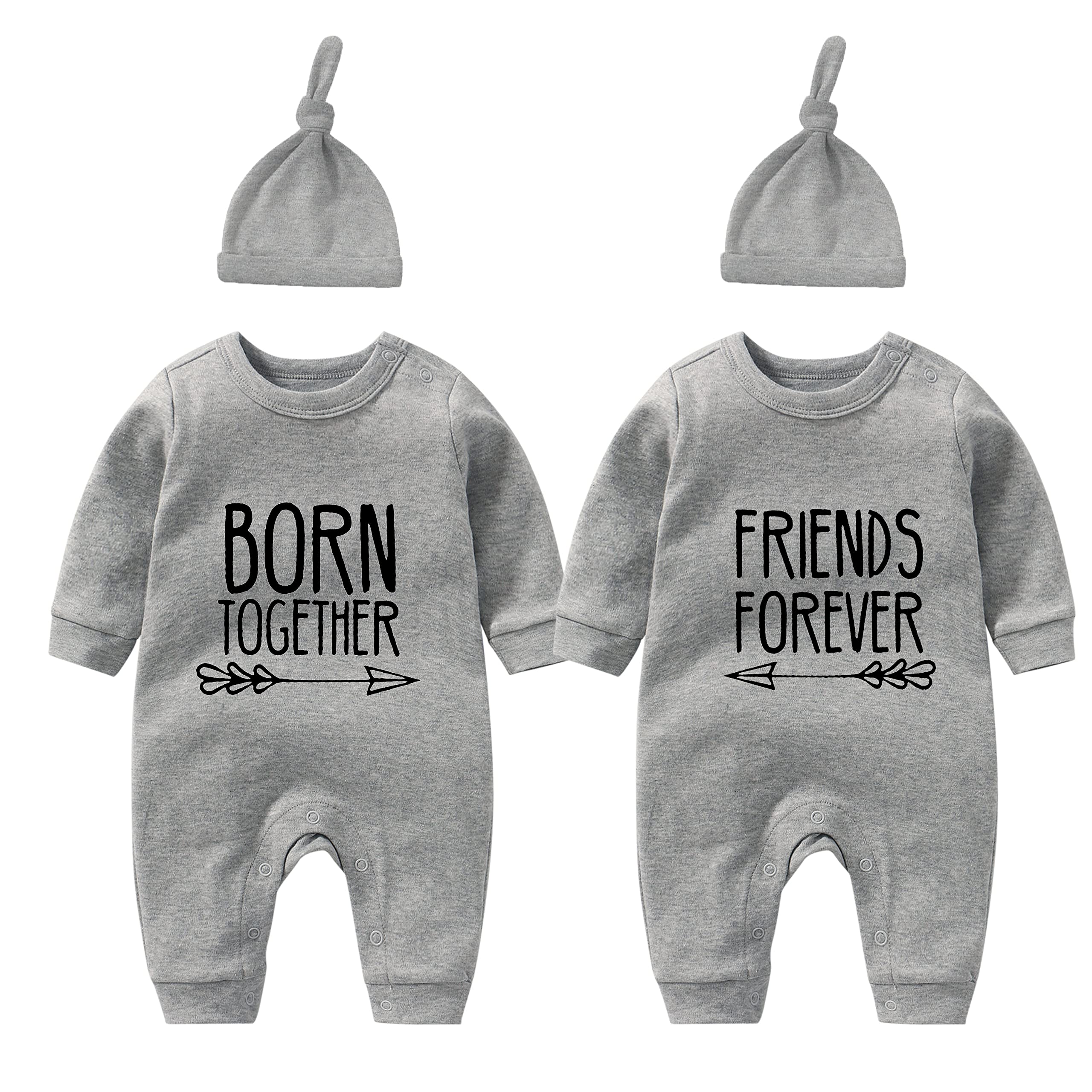 YSCULBUTOL Baby Twins Bodysuit with Hat - Matching Outfits for Twin Boys & Girls | Born Together Friends Forever | Newborn & Toddler Clothing Gift Set | Perfect for Sibling Photos, Birthday Parties & Family Matching Outfits