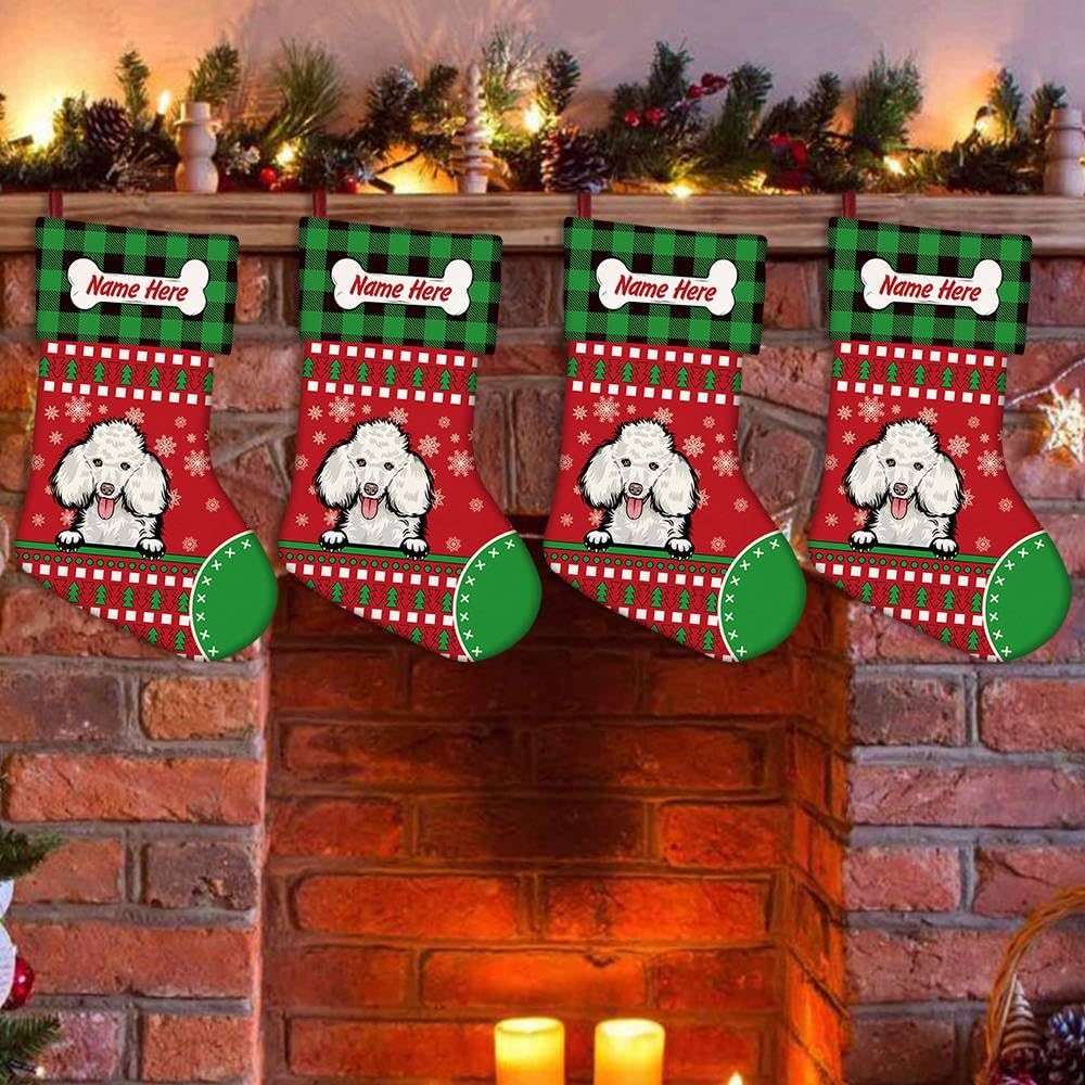 Personalized Merry Christmas Red Stocking with Cute Boston Terrier Dog & Bone Print - Buffalo Plaid Snowflake Design - 14.4 Inch Holiday Decor for Fireplace Mantel, Gift Exchange & Festive Home Decor