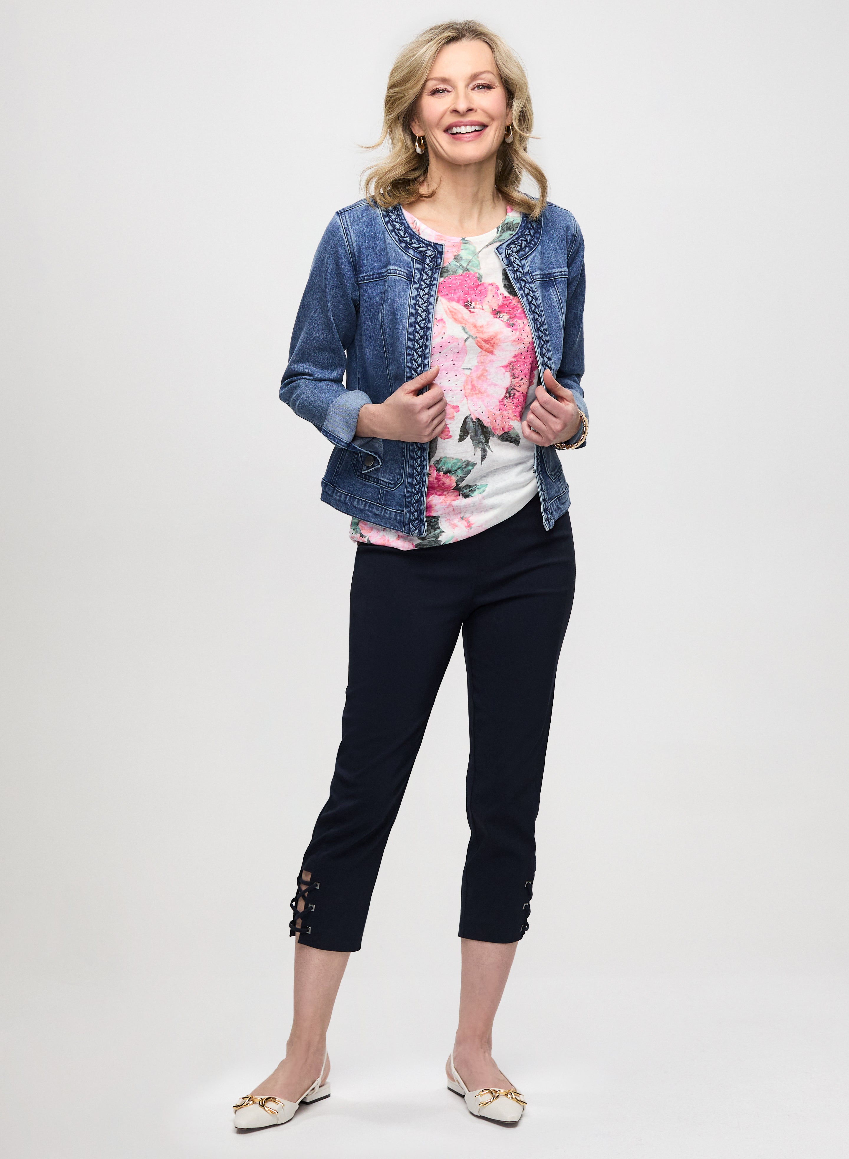Stylish Braid Trim Denim Jacket & Comfortable Pull-On Bengaline Capris Set - Perfect for Casual Outings, Weekend Wear, and Spring/Summer Fashion