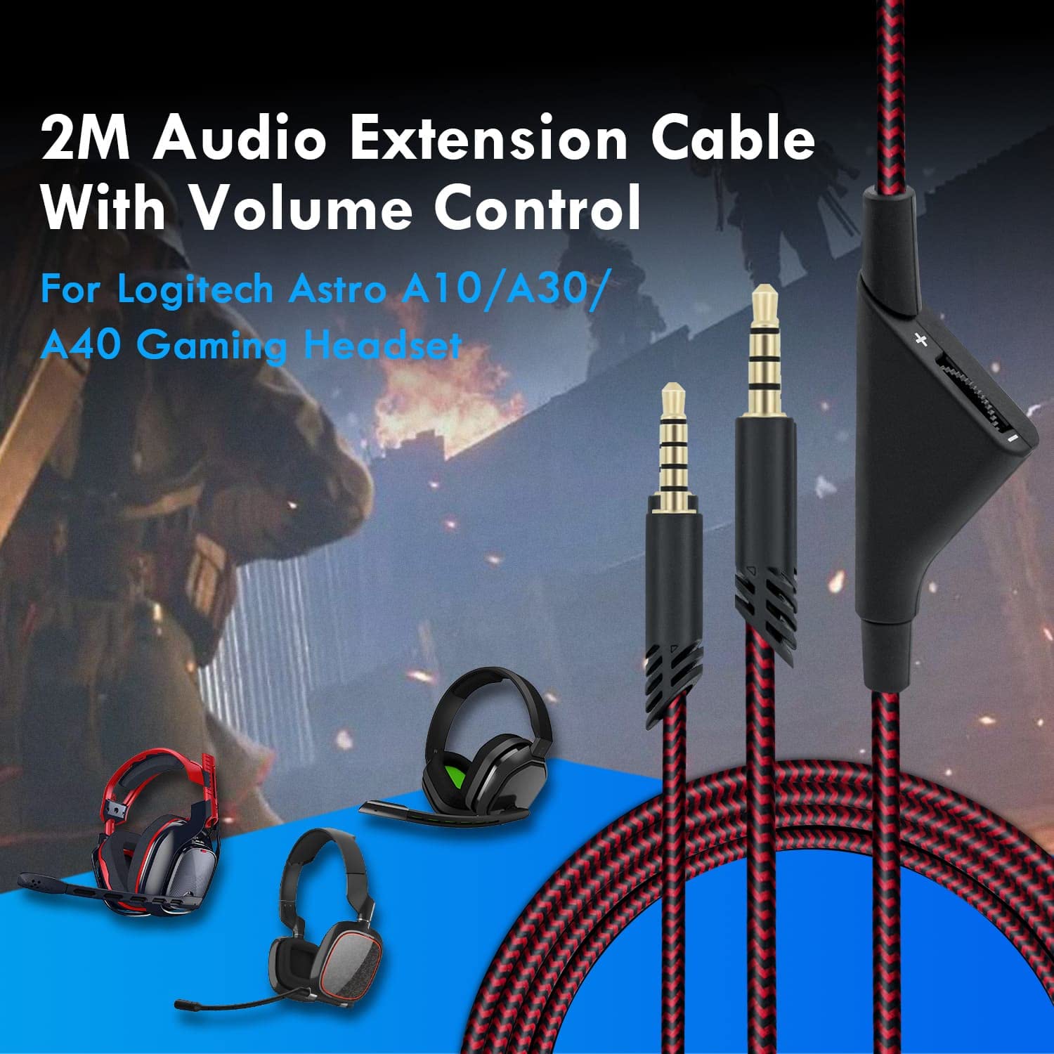 McBazel 2M 6.5 Feet Replacement Headset Cable with Volume Control - Compatible with Astro A10/A30/A40, PS5/PS4, Xbox Series X&S/Xbox One (Red/Black) - Perfect for Gaming, Streaming & Online Meetings