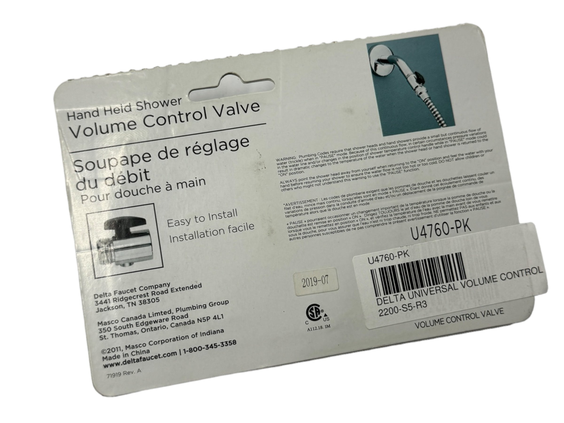 Delta Universal Handheld Shower Volume Control Valve U4760 PK - Adjustable Water Flow for Bathroom, Spa & RV Use