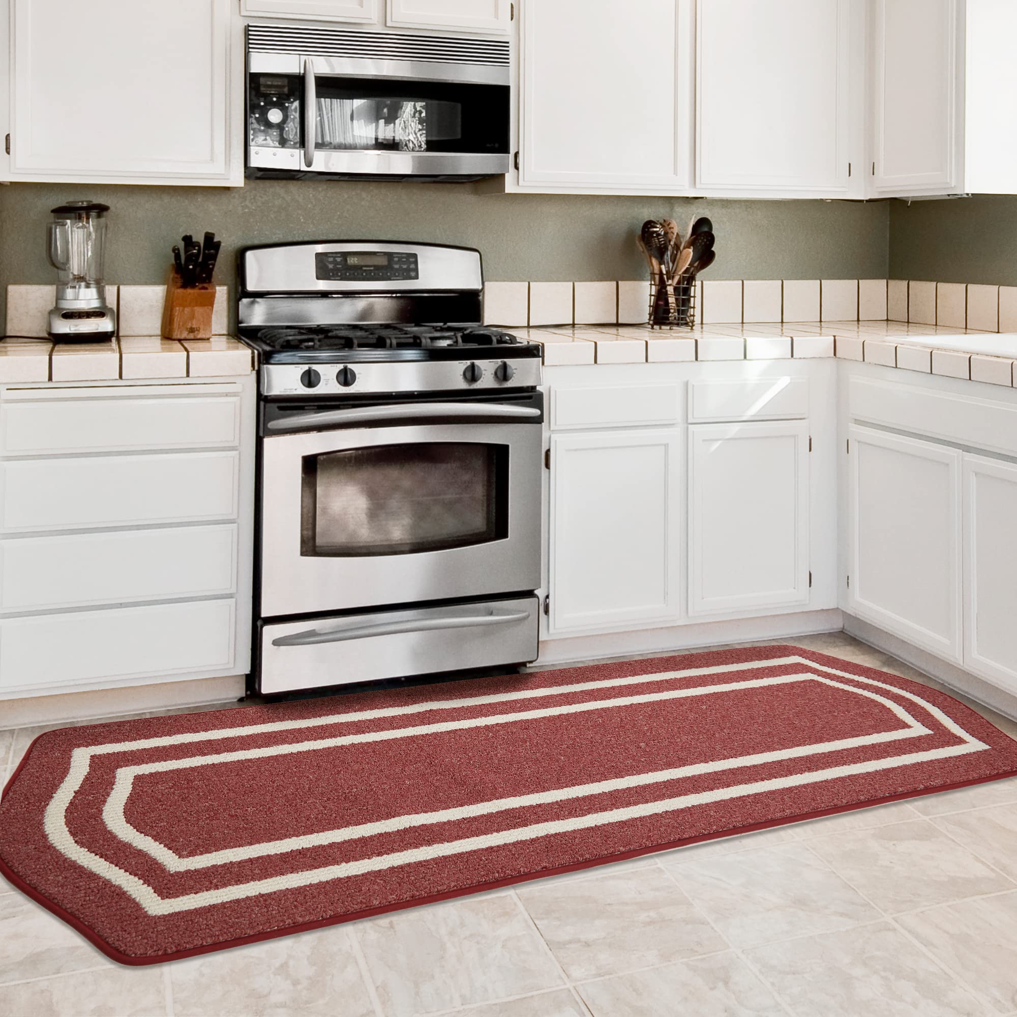 Super Absorbent Non-Skid Kitchen Floor Mat 24x79 Inch - Washable Polypropylene Standing Mat for Sink Area, Red with Frame - Perfect for Comfortable Cooking & Dishwashing in Home Kitchen