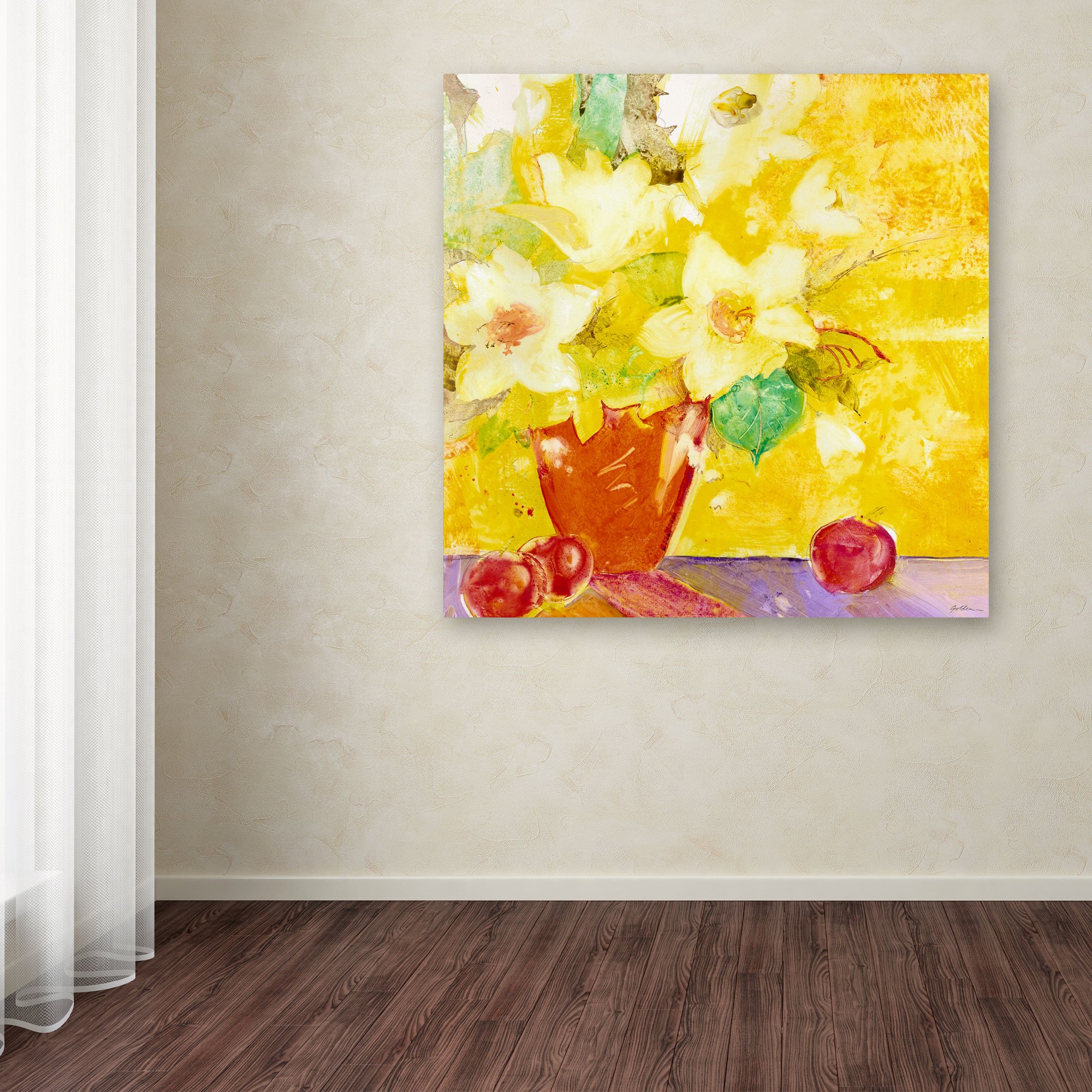 Trademark Fine Art Sheila Gold Red Vase with Apples Painting - 18x18 Inch Canvas Wall Art with Ornate Frame for Living Room, Bedroom & Office Decor