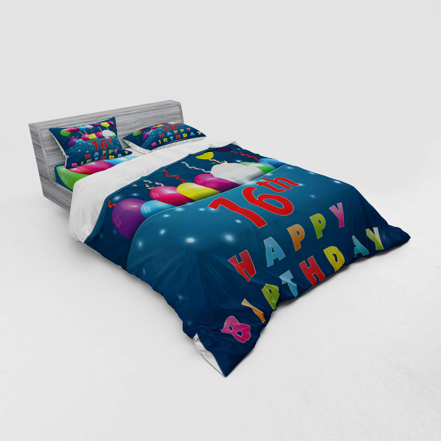 Ambesonne 16th Birthday Duvet Cover Set - 16th Theme Teenage Party Balloons Celebration Design, 4-Piece Queen Size Bedding Set with Pillow Shams & Fitted Sheet, Multicolor - Perfect for Sweet 16 Parties, Teen Bedrooms & Birthday Gift Ideas
