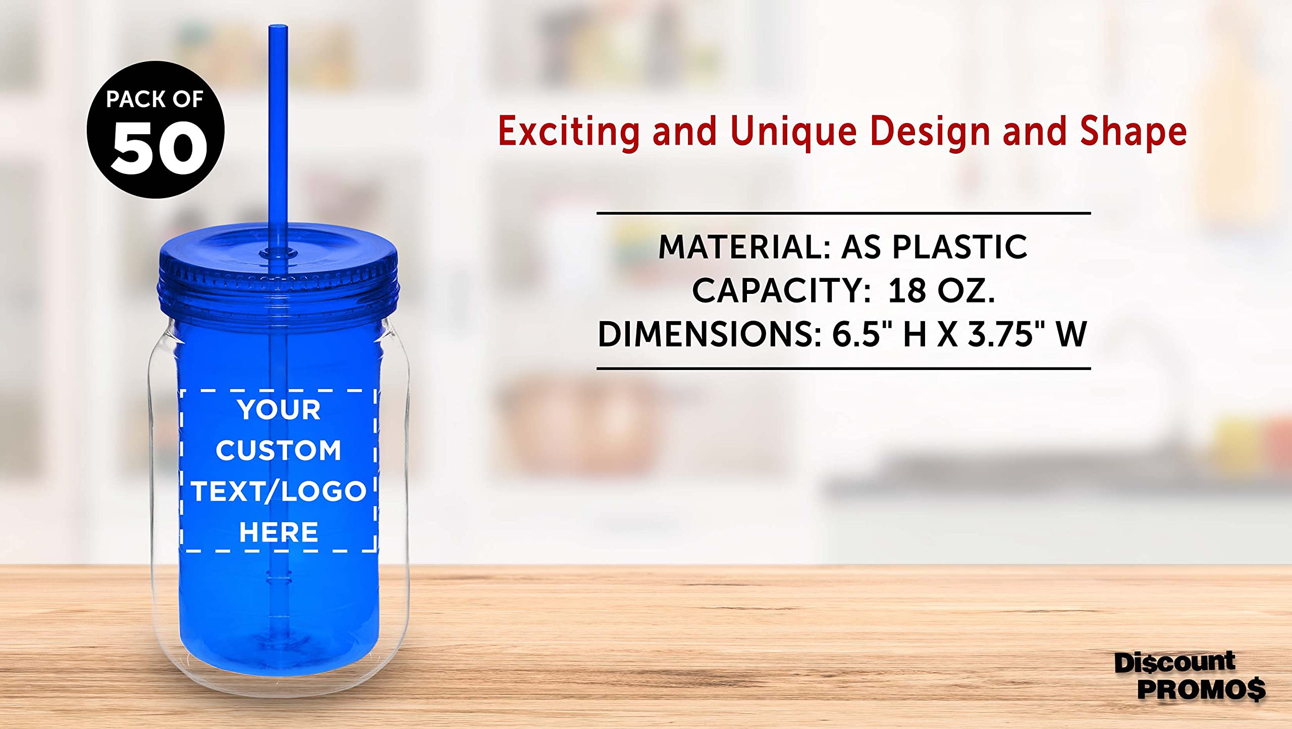 Custom 18 oz Acrylic Tumblers with Straw - Bulk Pack of 50 Personalized Drink Cups - Great for Smoothies, Iced Coffee, Soda & Beverages - Reusable Party Cups for Restaurants, Cafes, Events & Home Use - Blue