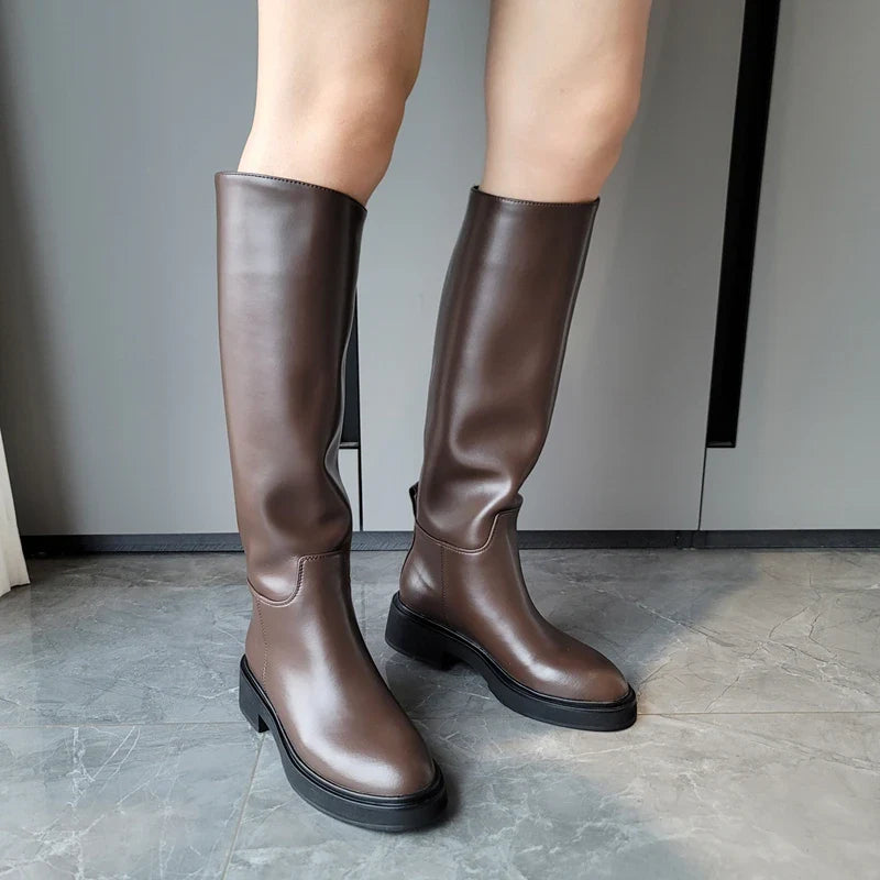 FEDONAS Women's Genuine Leather Knee High Boots with Thick Heel - Warm Winter Riding Boots for Autumn & Winter - Perfect for Motorcycle Riding, Office Wear & Cold Weather Fashion