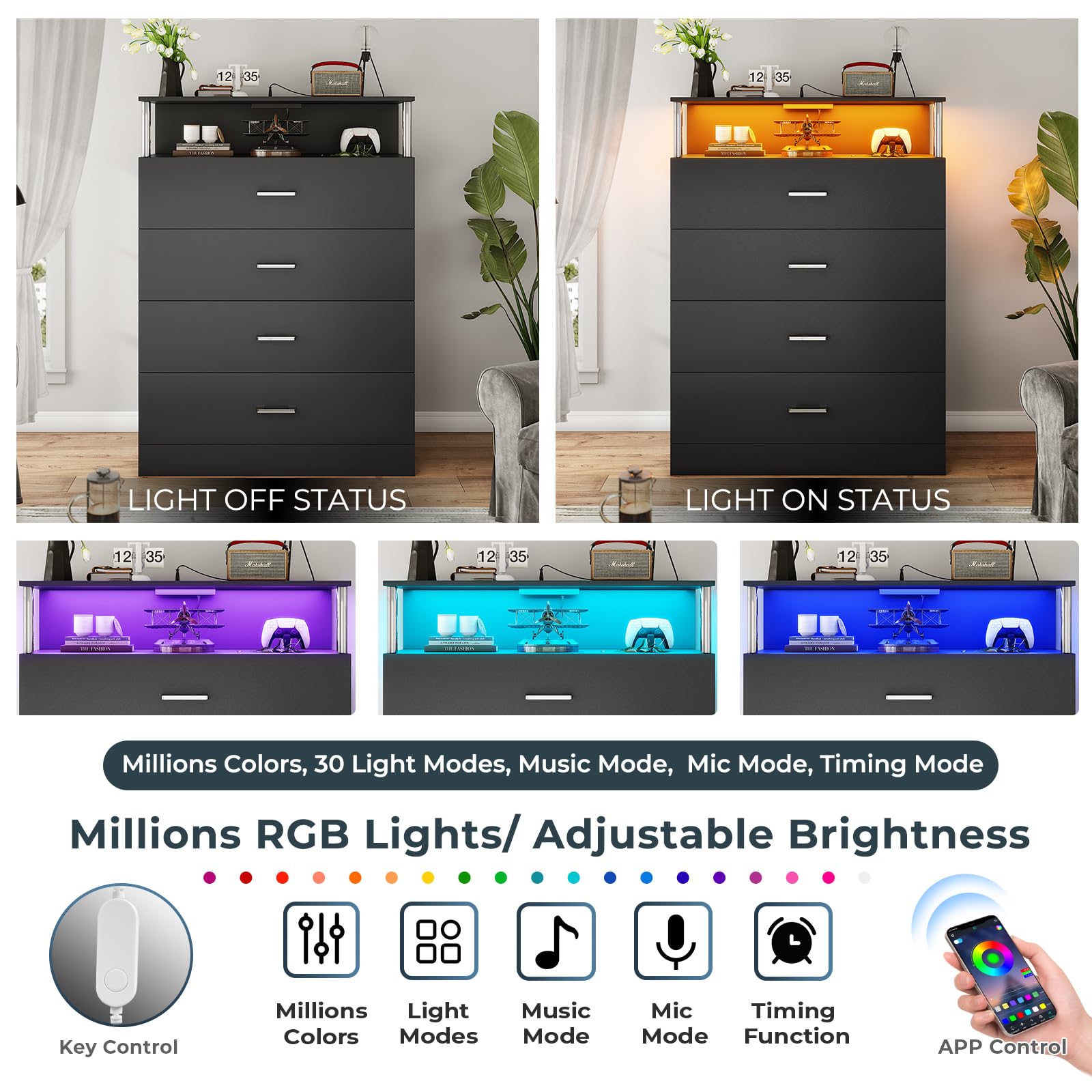 Modern 4-Drawer Tall Black Dresser with Charging Station & Column Design - LED Bedroom Dresser for Closet Organization | Perfect for Small Spaces, Guest Rooms & Master Bedroom Storage