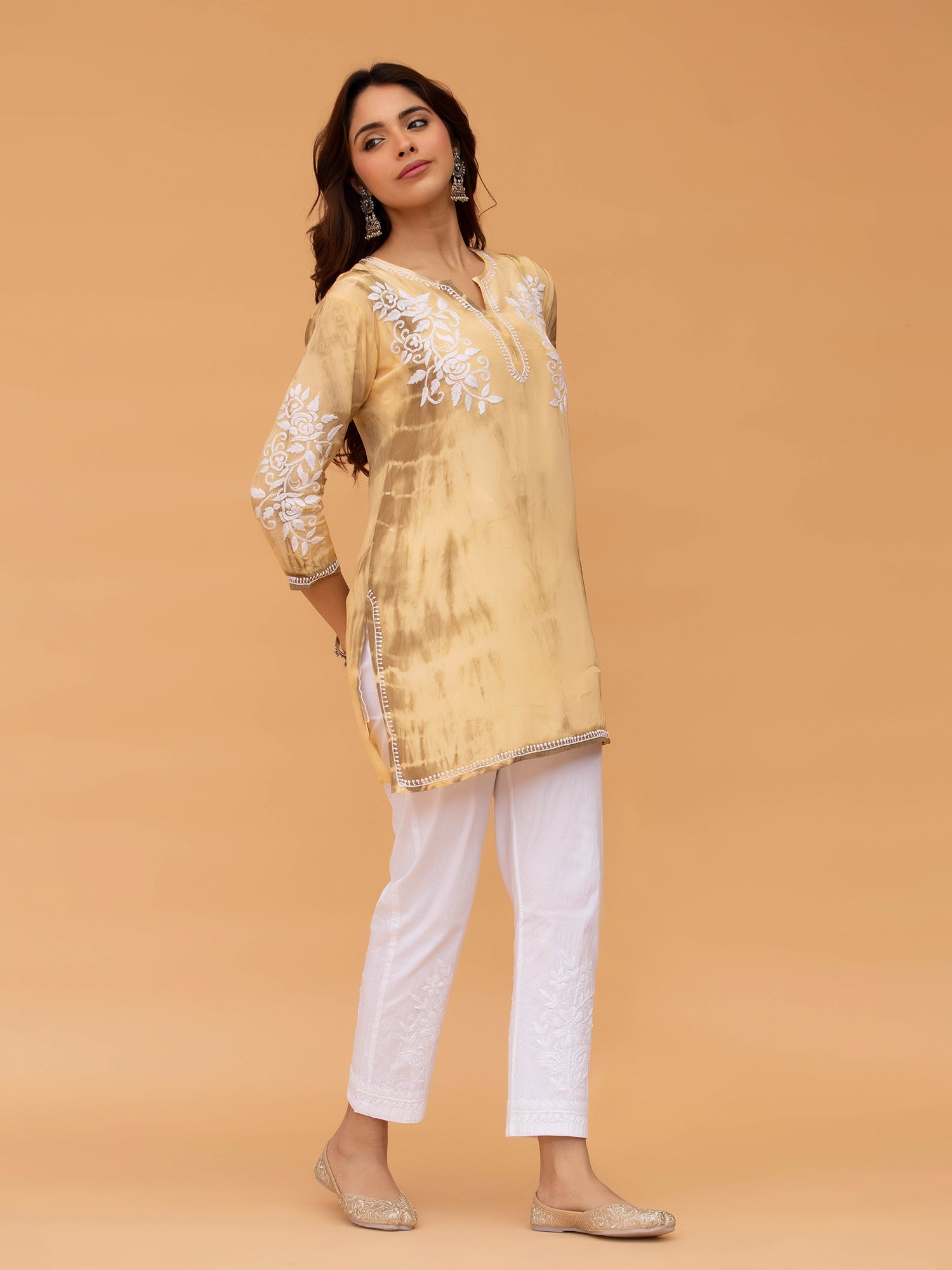 Elegant Saba Chikankari Short Kurta in Beige Crepe Silk - Perfect for Festivals, Parties & Casual Wear