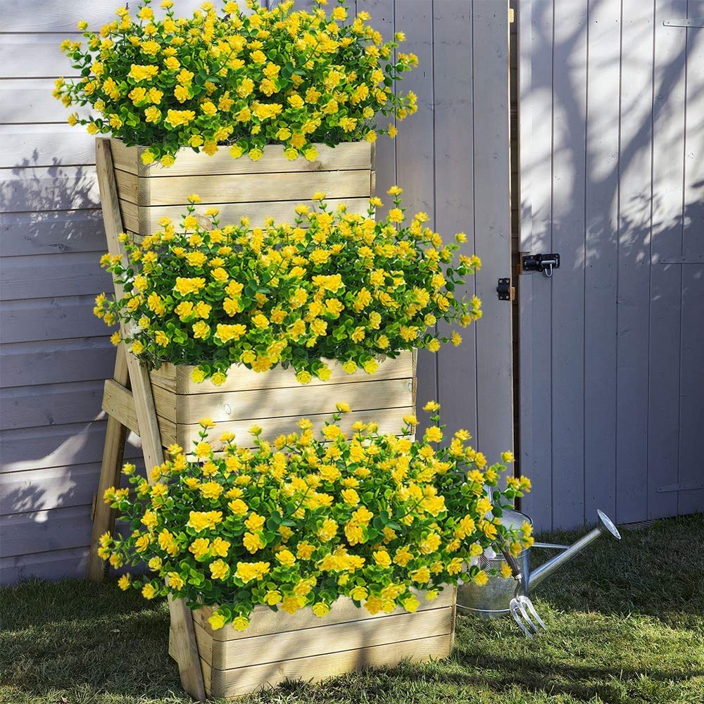 8 Bundles UV Resistant Artificial Flowers for Outdoor & Indoor - Fake Plastic Plants, Faux Greenery Shrubs for Hanging Planters - Home, Kitchen, Office, Wedding & Garden Décor (Yellow, 8pcs) - Perfect for Patio, Balcony & Table Centerpieces