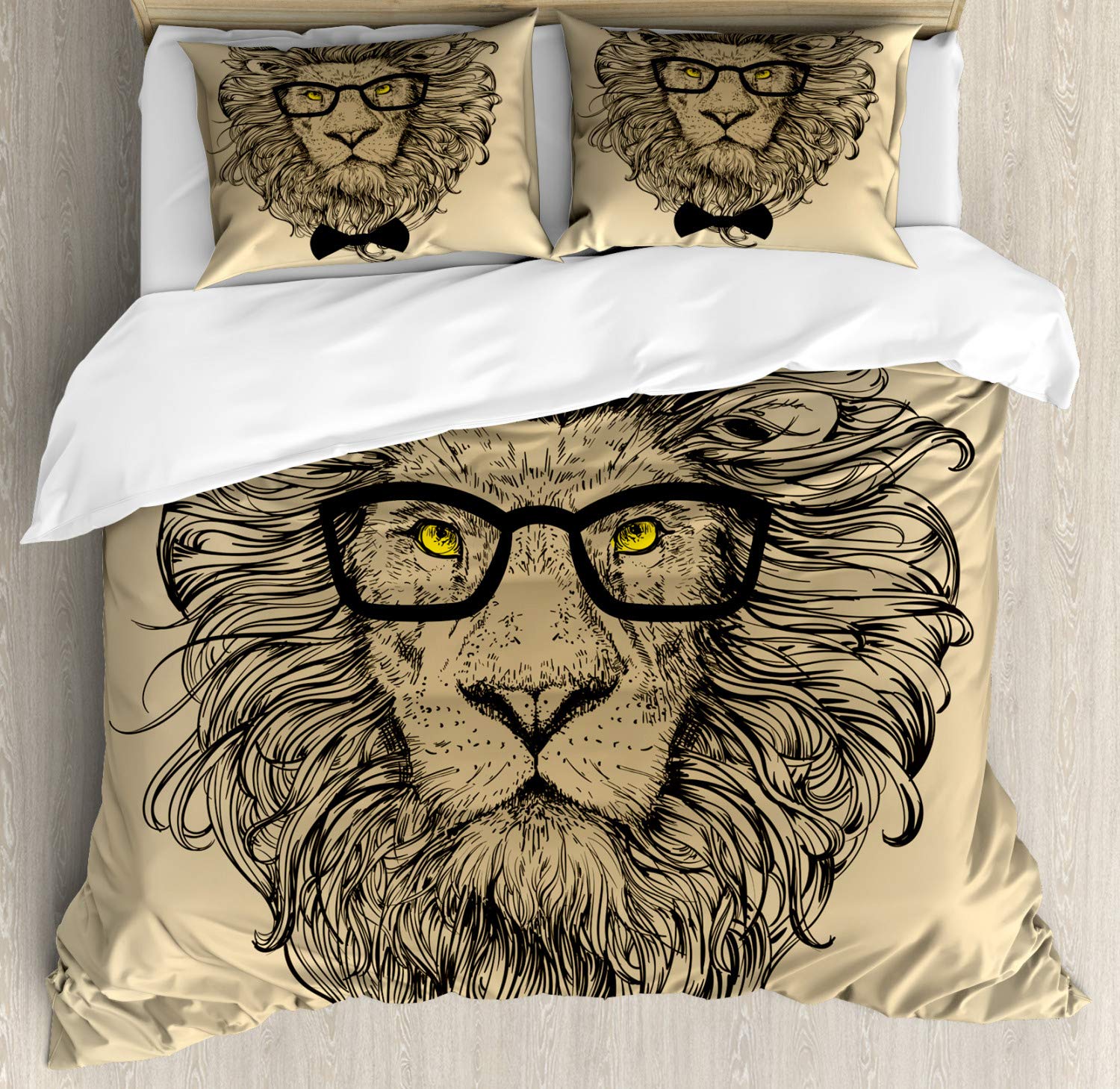 Ambesonne Indie Duvet Cover Set - King Size 2-Pack with Lion Portrait Design, Glasses & Bowtie Hipster Style in Sand Brown, Black & Yellow | Includes 2 Duvet Covers & 4 Pillowcases | Perfect for Modern Bedroom Decor, Guest Rooms & Dorm Style