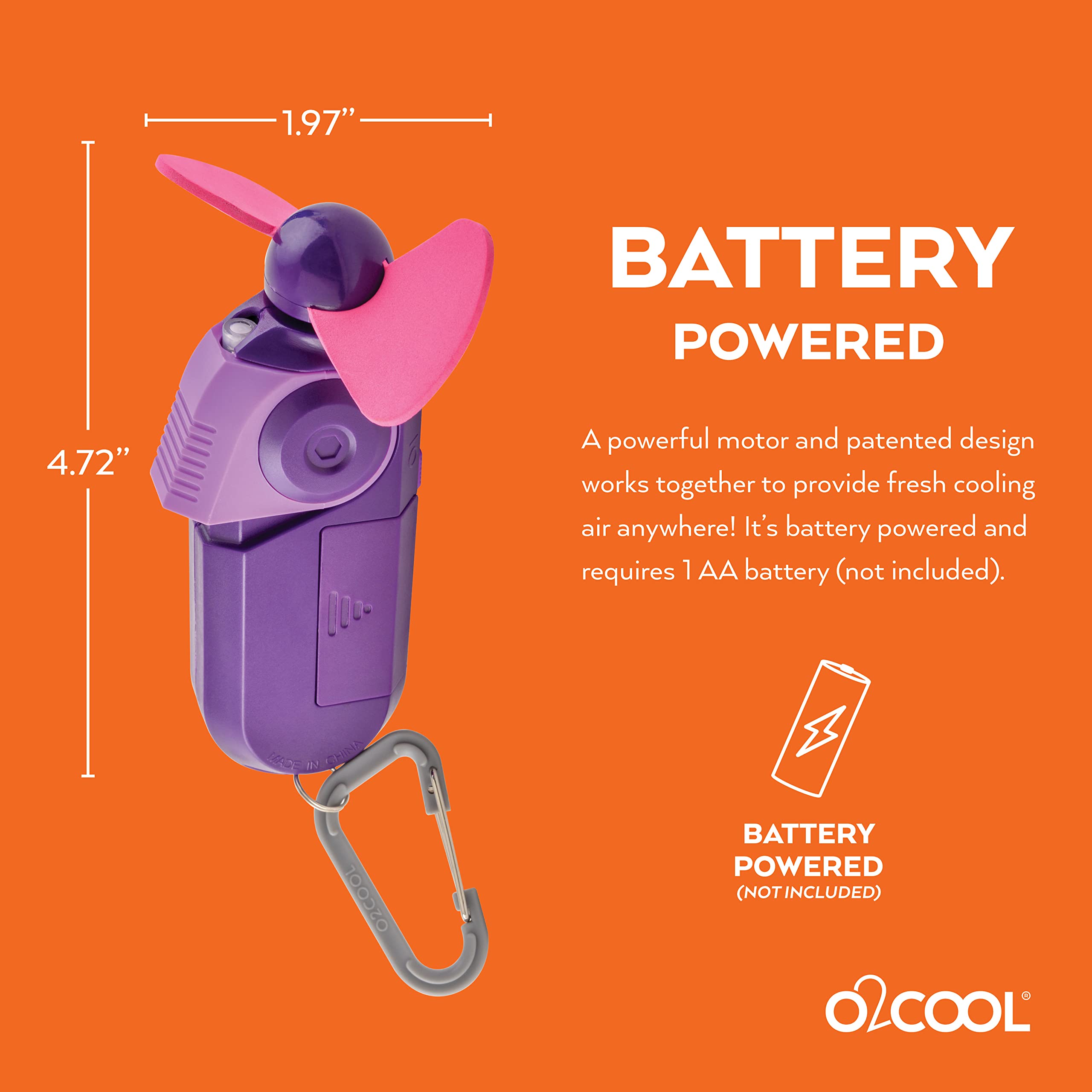 O2COOL 2-Pack Keychain Sport Misting Fan - Portable Battery Powered Handheld Fan with Carabiner Clip & Mister - Compact Cooling Fan for Outdoor Activities, Sports, Travel & Hot Weather (Purple)