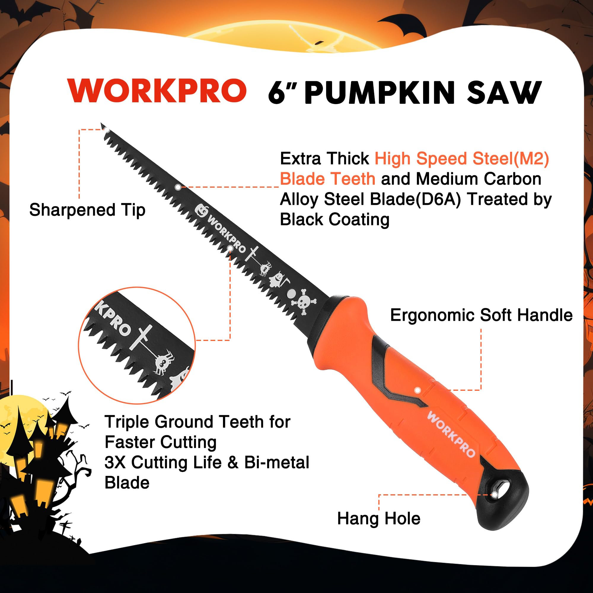 WORKPRO 6-inch Drywall Saw - Fast Cutting Bi-Metal Keyhole Saw with TPR Grip - Professional Jab Saw for Sheetrock, Pumpkin Carving & DIY Projects - Includes Gift Box - Perfect for Home Renovation, Wall Repair & Holiday Decorating