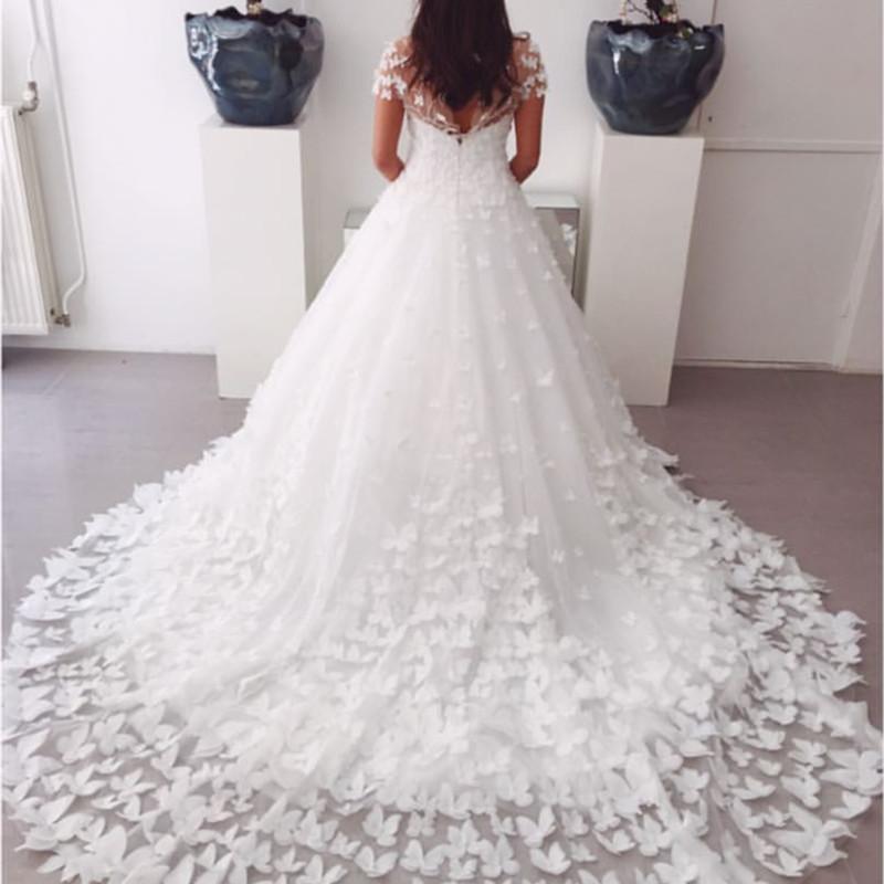 Elegant A-Line Sweep Train Butterfly Wedding Dress with Lace Cap Sleeves – Perfect for Bridal Ceremony, Garden Wedding & Romantic Photos