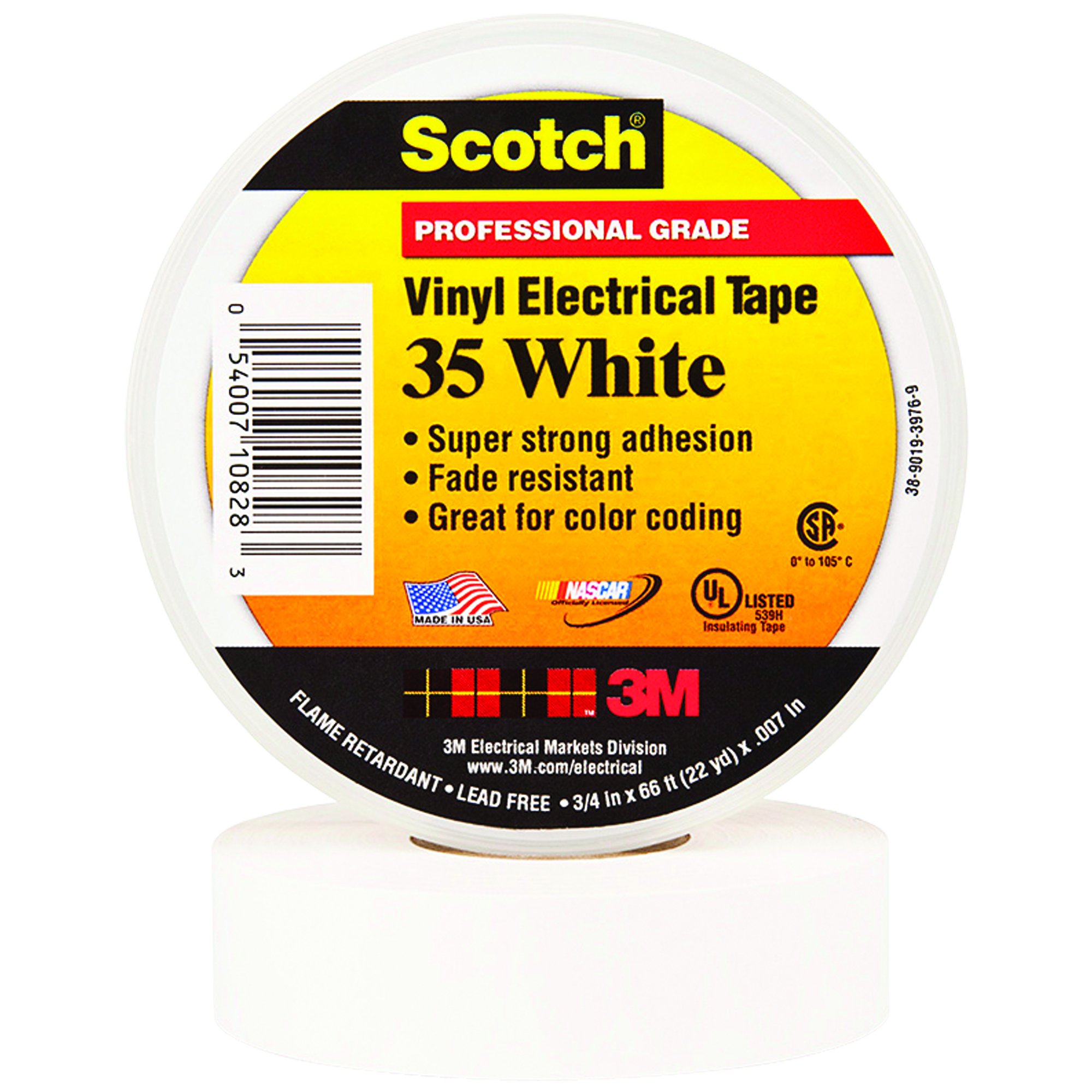 3M Partners Brand 35 Colored Electrical Tape - 3/4 Inch x 66 Feet, White (10 Rolls per Case) - Premium Insulation for Wiring, Crafts & DIY Projects - Stock# 7000006097