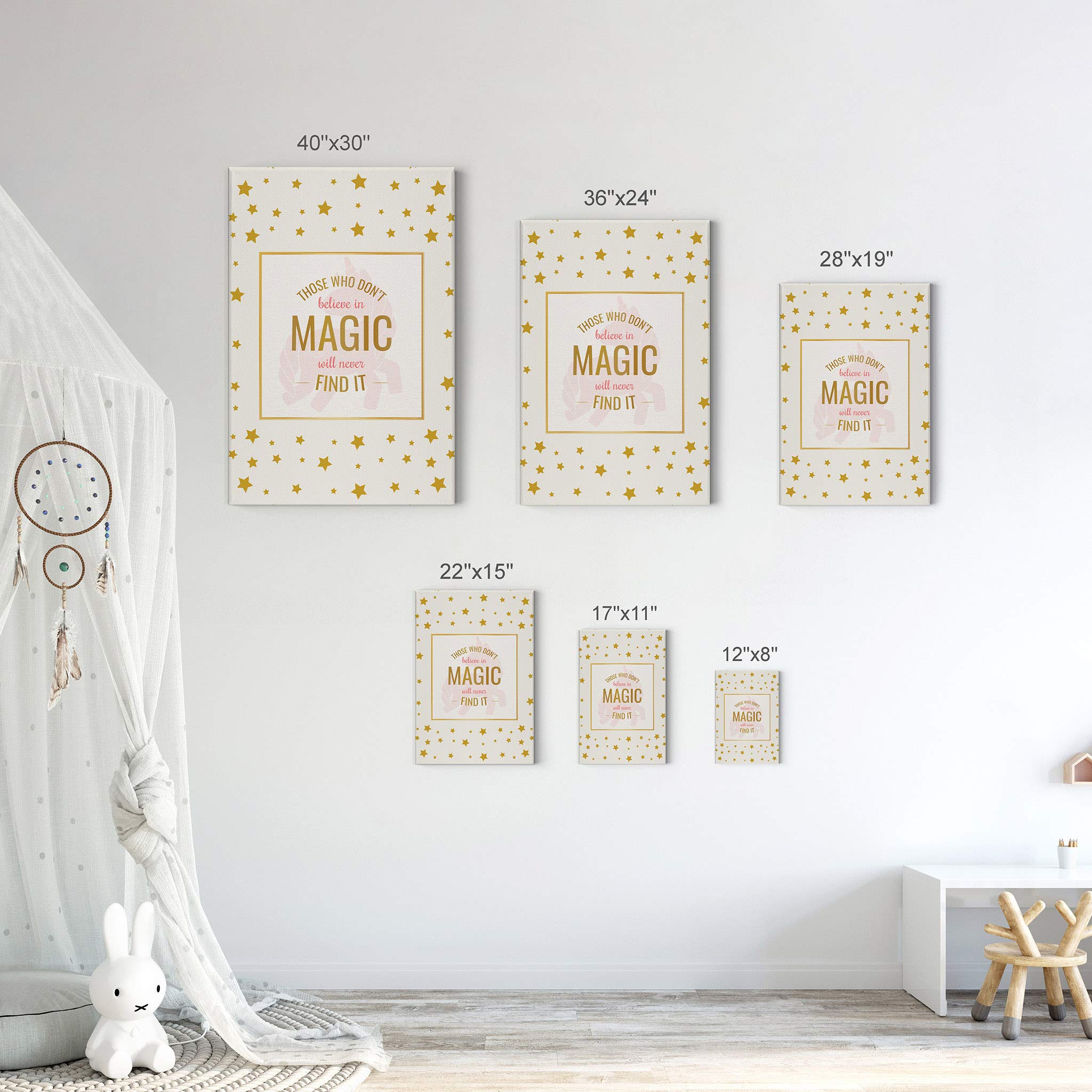 Unicorn Wall Art Canvas Print - Smile Art Design Golden Stars Quote Decor for Kids Room, Nursery, Baby Room | Ready to Hang 17x11 | Made in USA | Perfect for Birthday Gifts & Bedroom Decoration