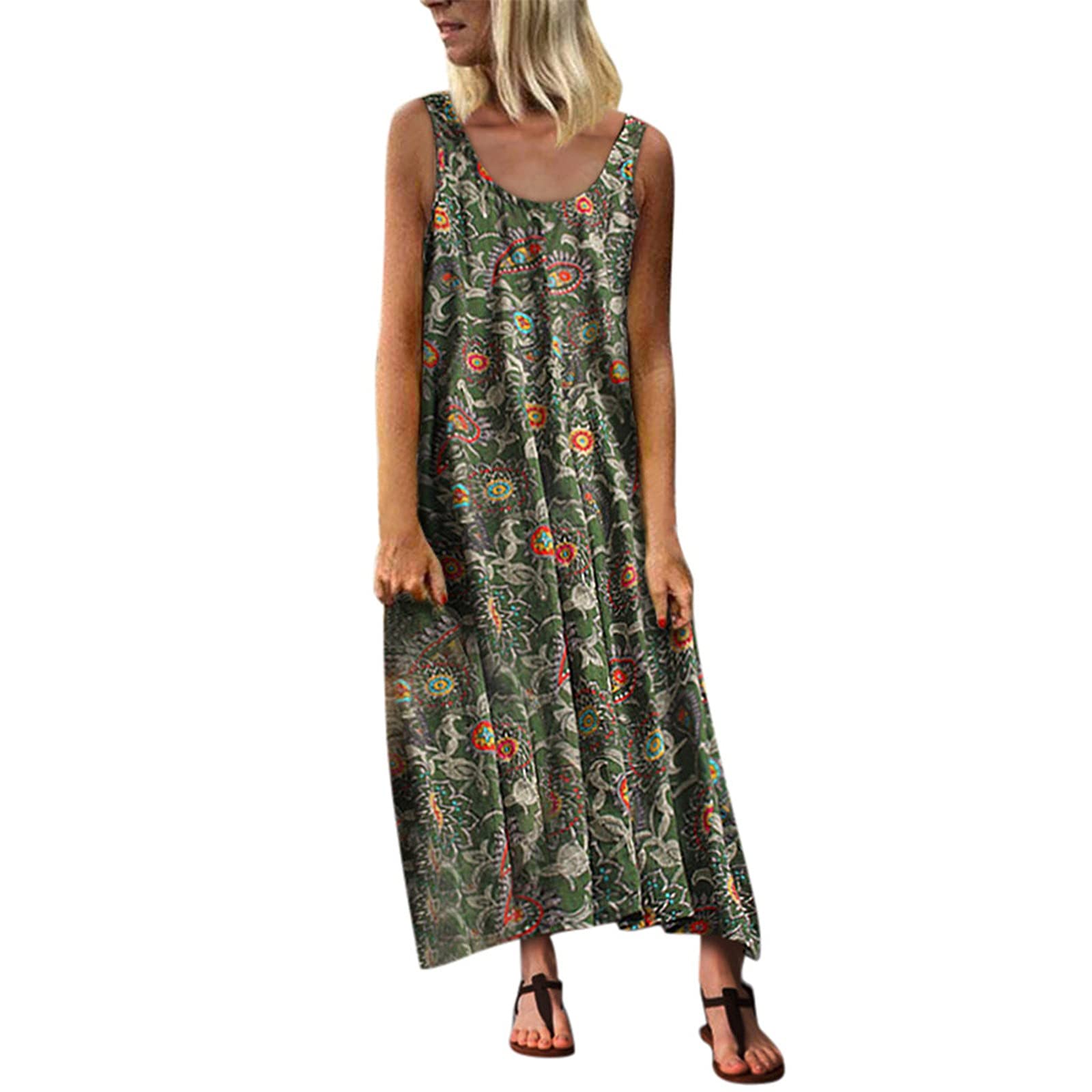 KAUO Women's Casual Beach Dress - Flowy Round Neck Printed Totem Long Dress for Holiday, Evening & Summer Outings | Perfect for Vacations, Parties & Date Nights