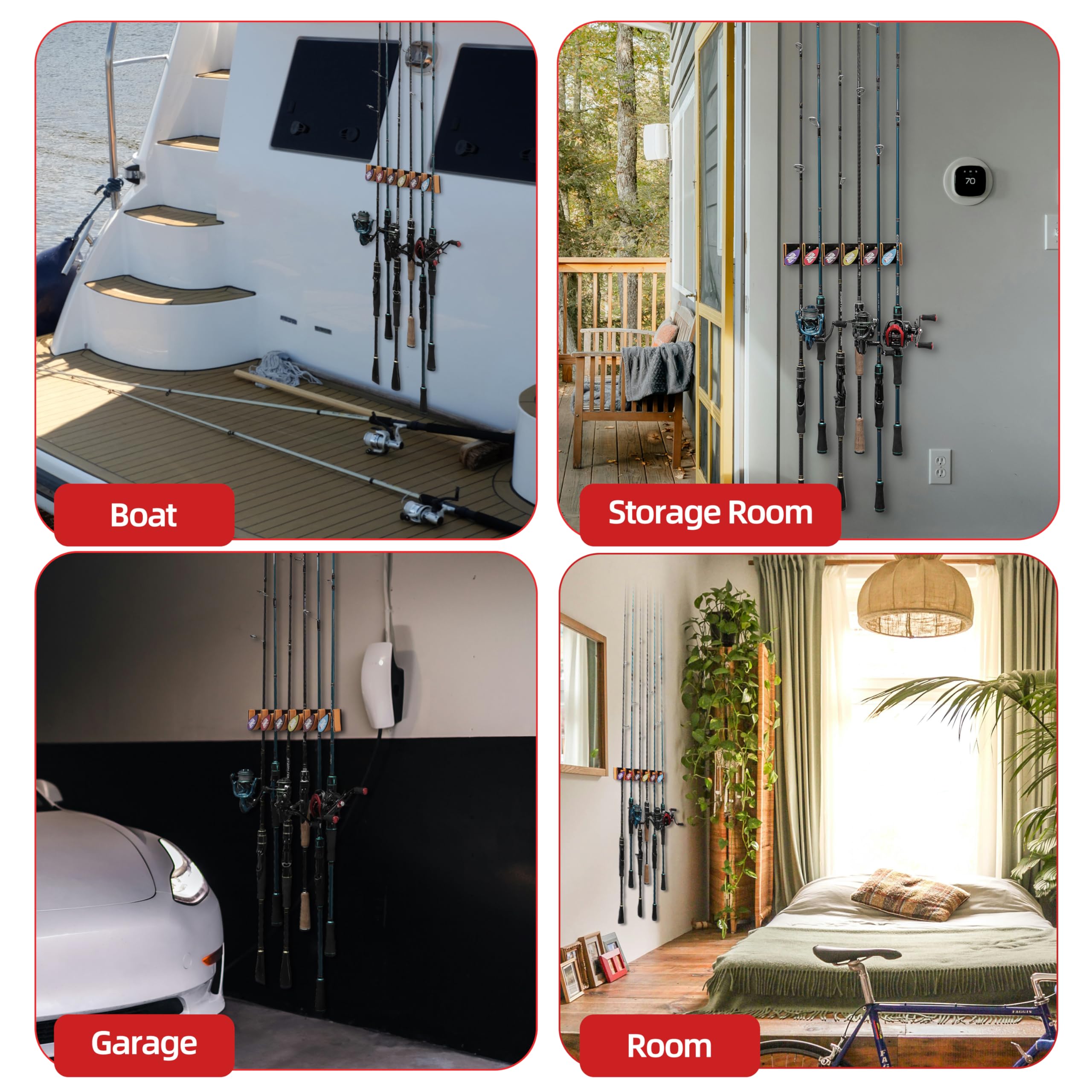 Wall Mounted Fishing Rod Holder for Garage - Horizontal & Vertical Fishing Rod Rack with Soft EVA Protective Pad - Holds 6 Rods or Combos - Universal Fit for Most Fishing Poles - Perfect for Garage, Boat, RV & Outdoor Storage