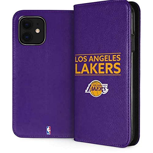 Official NBA Los Angeles Lakers Faux-Leather Wallet Phone Case for iPhone 12 - Purple Design - Slim Folio Cover with Card Slots - Perfect for Fans, Daily Use & Travel Protection