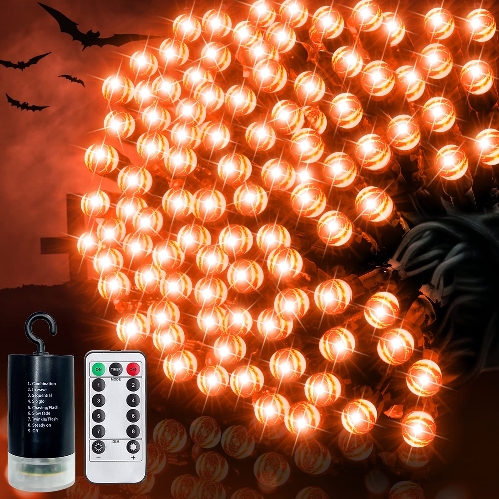 150 LED Halloween String Lights - 49.2 Ft Orange Battery Operated Waterproof Lights with Timer & Remote Control, 8 Lighting Modes - Indoor/Outdoor Decor for Home, Garden, Party, Tree (Black Wire) - Perfect for Halloween Decorations, Christmas Lights, Patio Lighting and Backyard Parties
