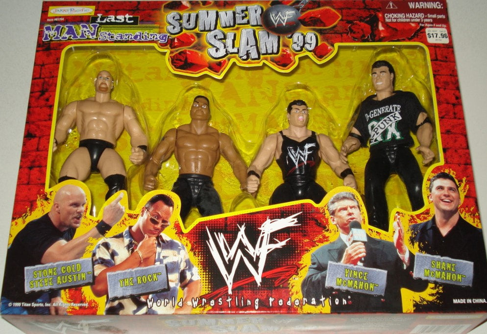 1999 WWF Jakks Pacific SummerSlam '99 Last Man Standing Box Set - Stone Cold Steve Austin, The Rock, Vince McMahon & Shane McMahon Action Figures | Exclusive Collectible Wrestling Toys for Fans & Display | Perfect for WWE Memorabilia Collections & Nostalgic Gift Giving