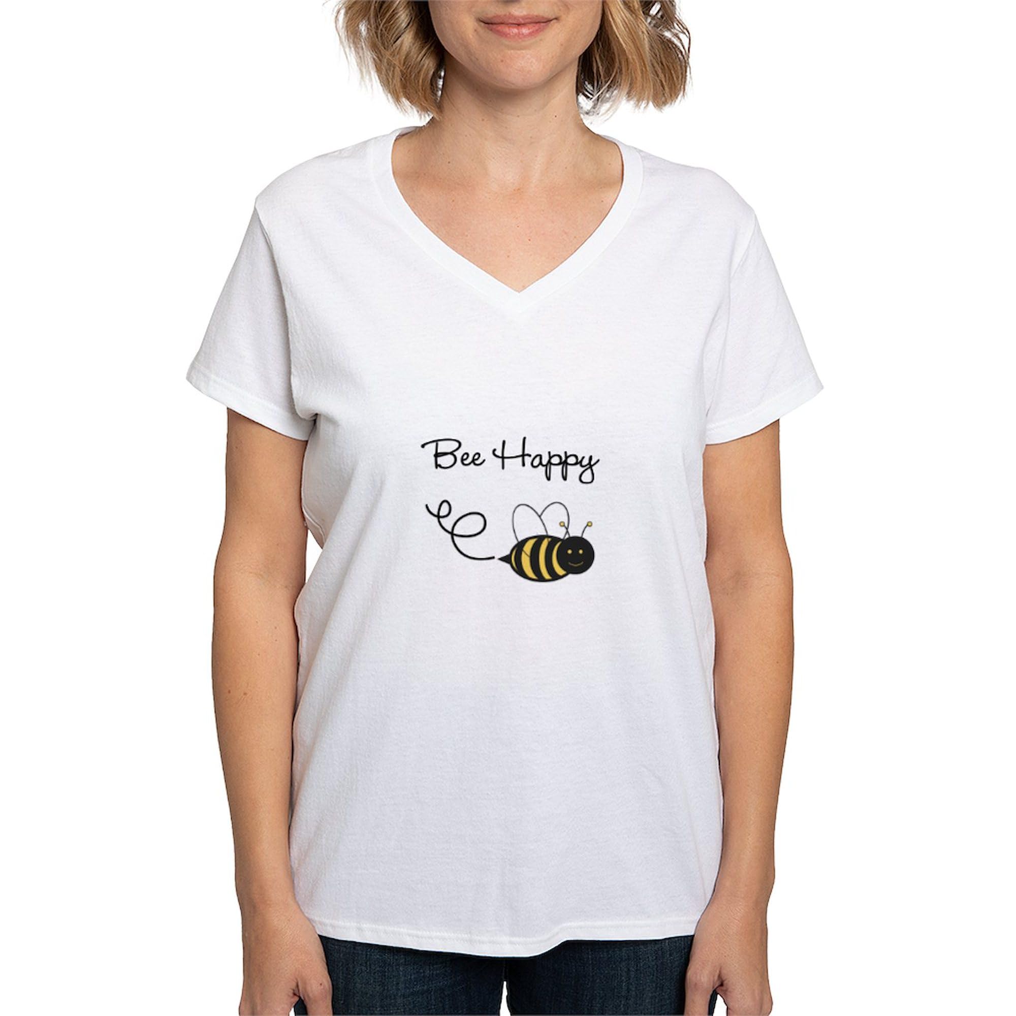 Bee Happy Women's V-Neck Cotton T-Shirt - Cute Graphic Tee for Casual Wear, Workout & Everyday Outfits