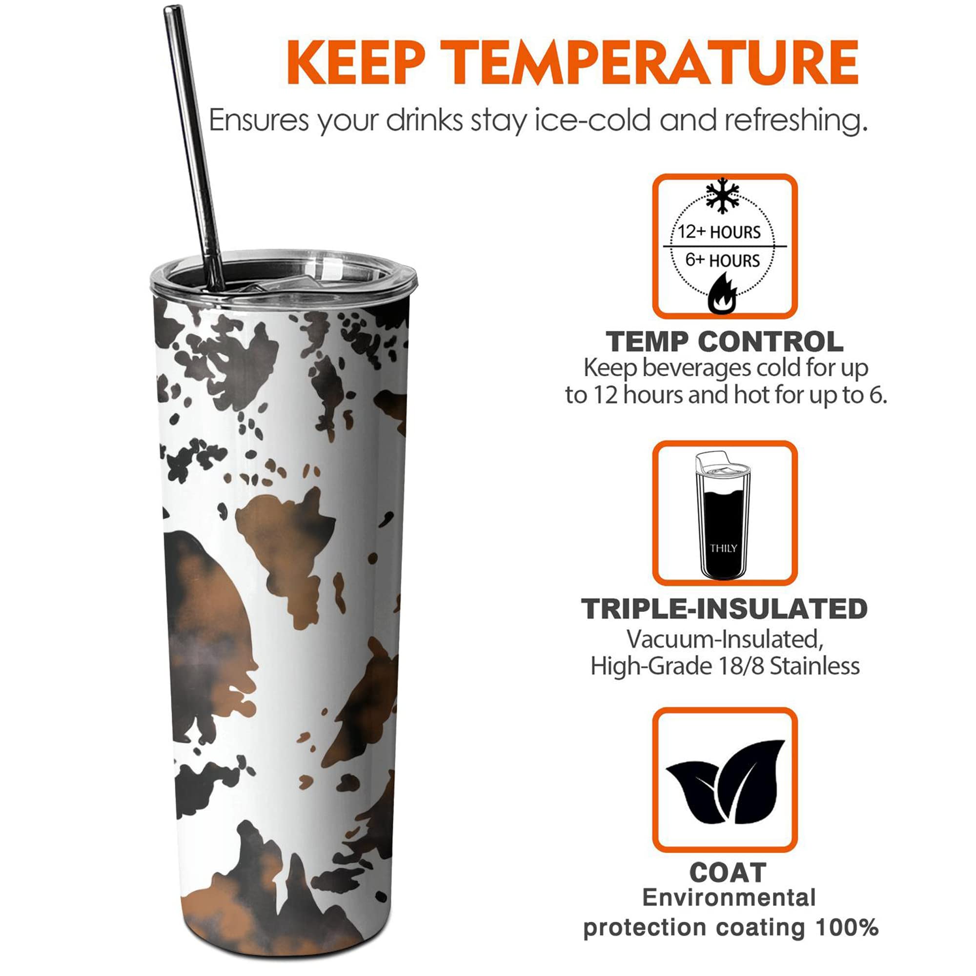**20oz Cow Print Skinny Tumbler with Lid & Straw - Insulated Stainless Steel Travel Mug - Double Wall Coffee Cup - Perfect for Office, Gym, Travel - Great Birthday Gift for Women, Mom, Sister & Friends**