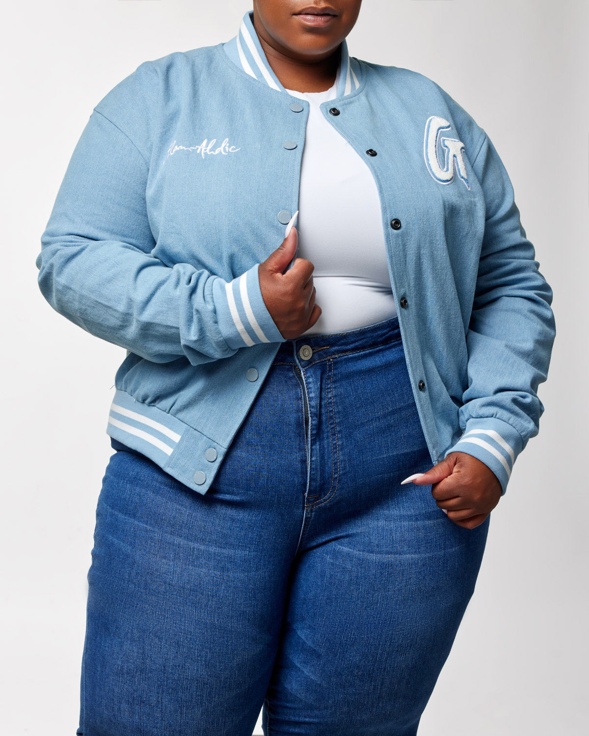 Stylish Denim Varsity Jacket for Men & Women - Trendy Retro Baseball Letterman Jacket with Ribbed Collar - Perfect for Casual Wear, School Spirit Days & Vintage Fashion Outfits