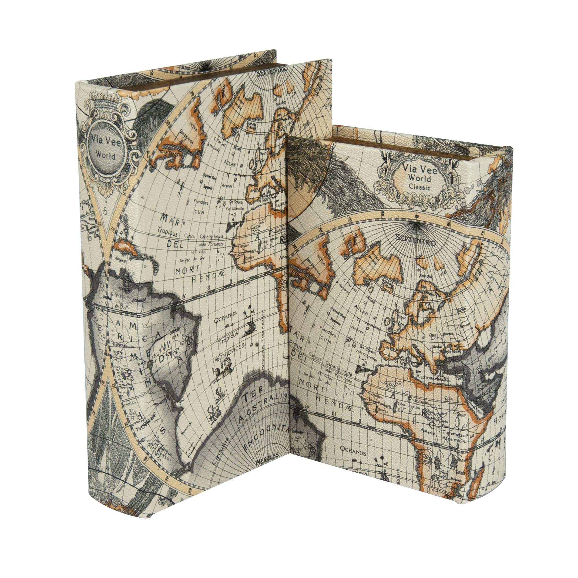 Faux Book Storage Box Set of 2 - World Map Pattern for Home & Shelf Decor | Coffee Table Display