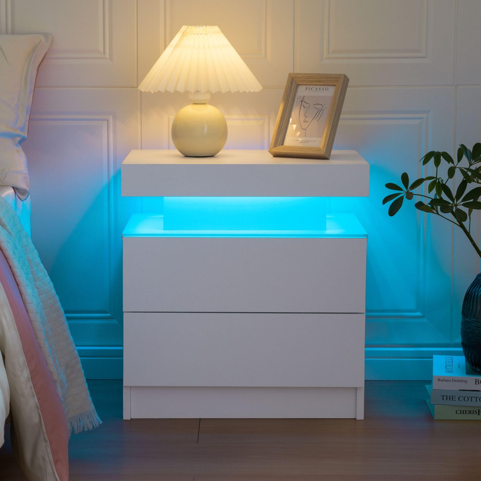 Modern LED Nightstand with 2 Drawers & RGB Color Changing Lights - White Bedside Table for Bedroom, Living Room | Perfect for Small Spaces, Reading Nook & Smart Home Decor