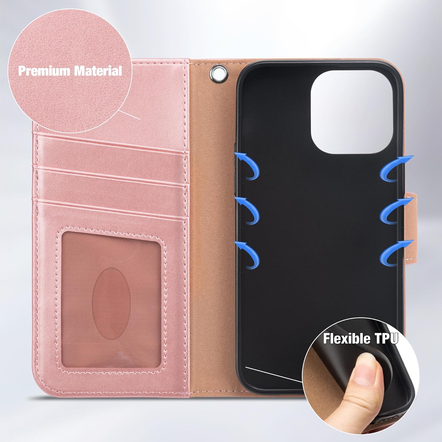 iPhone 15 Pro Case with Card Holder & Wrist Strap - Slim Wallet Flip Cover in Rose Gold | Perfect for Everyday Use, Travel & Hands-Free Convenience