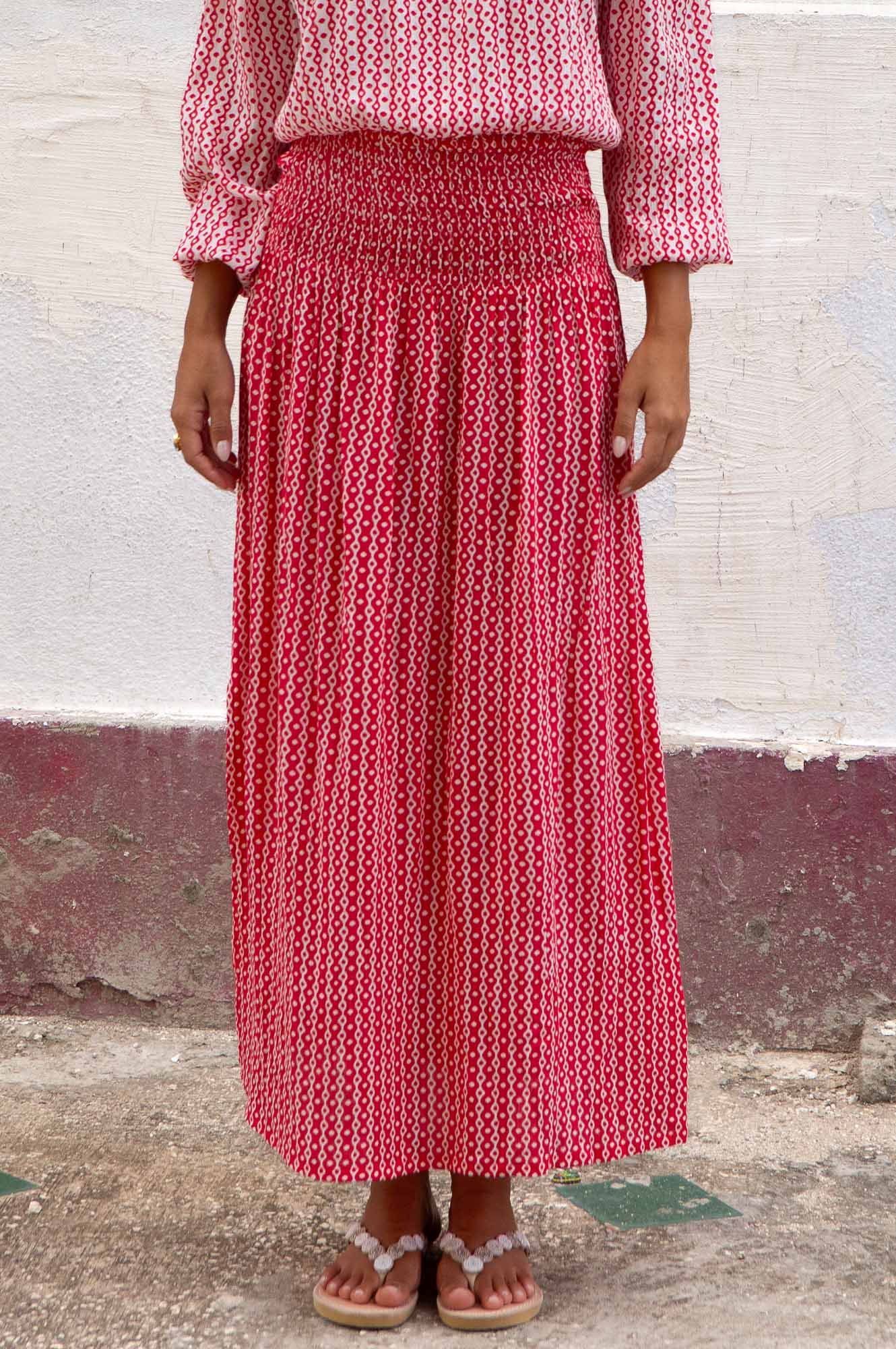 Brady Skirt with Santorini Border in Red and White - Stylish Summer Dress for Beach Vacations and Casual Outings