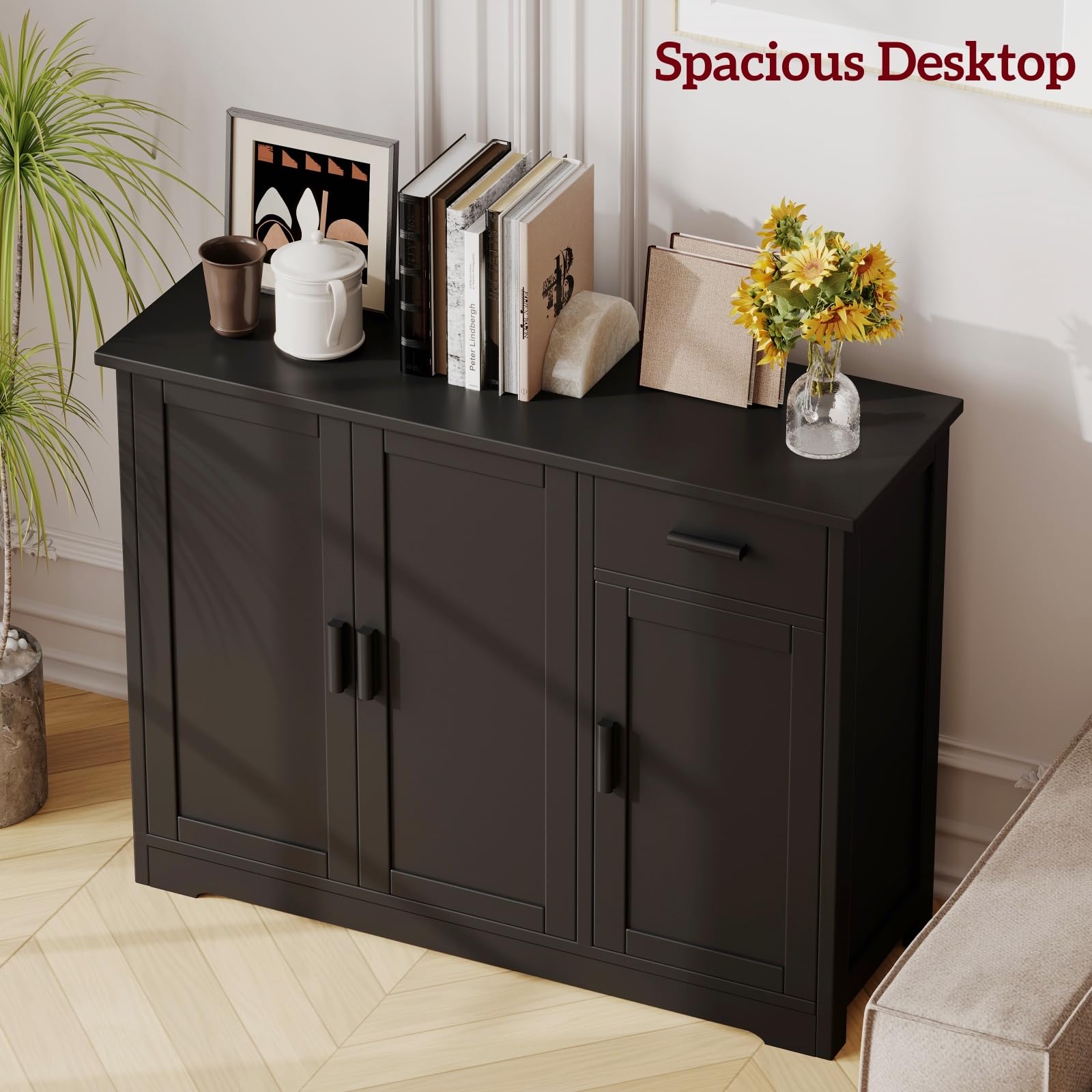 Irontar Modern Kitchen Storage Cabinet with Doors & Drawer - Sideboard Buffet Cabinet, Coffee Bar Console Table for Dining Room, Living Room, Entryway - Black CWG010B | Perfect for Home Organization & Stylish Storage Solutions