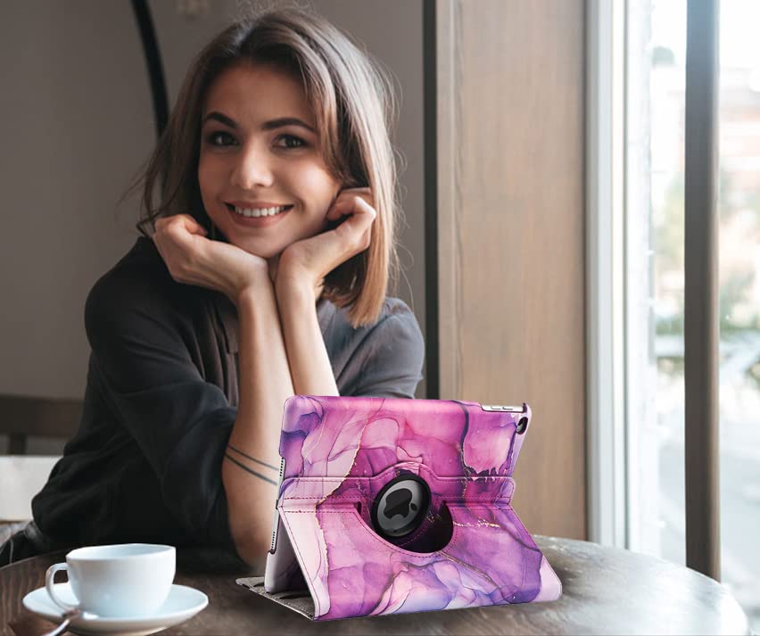 360° Rotating Stand Protective Case for iPad 9.7 inch (5th/6th Gen 2017/2018) & iPad Air 2 - Auto Sleep/Wake Smart Cover with Shock Absorption, Marble Purple - Perfect for Work, Study & Travel