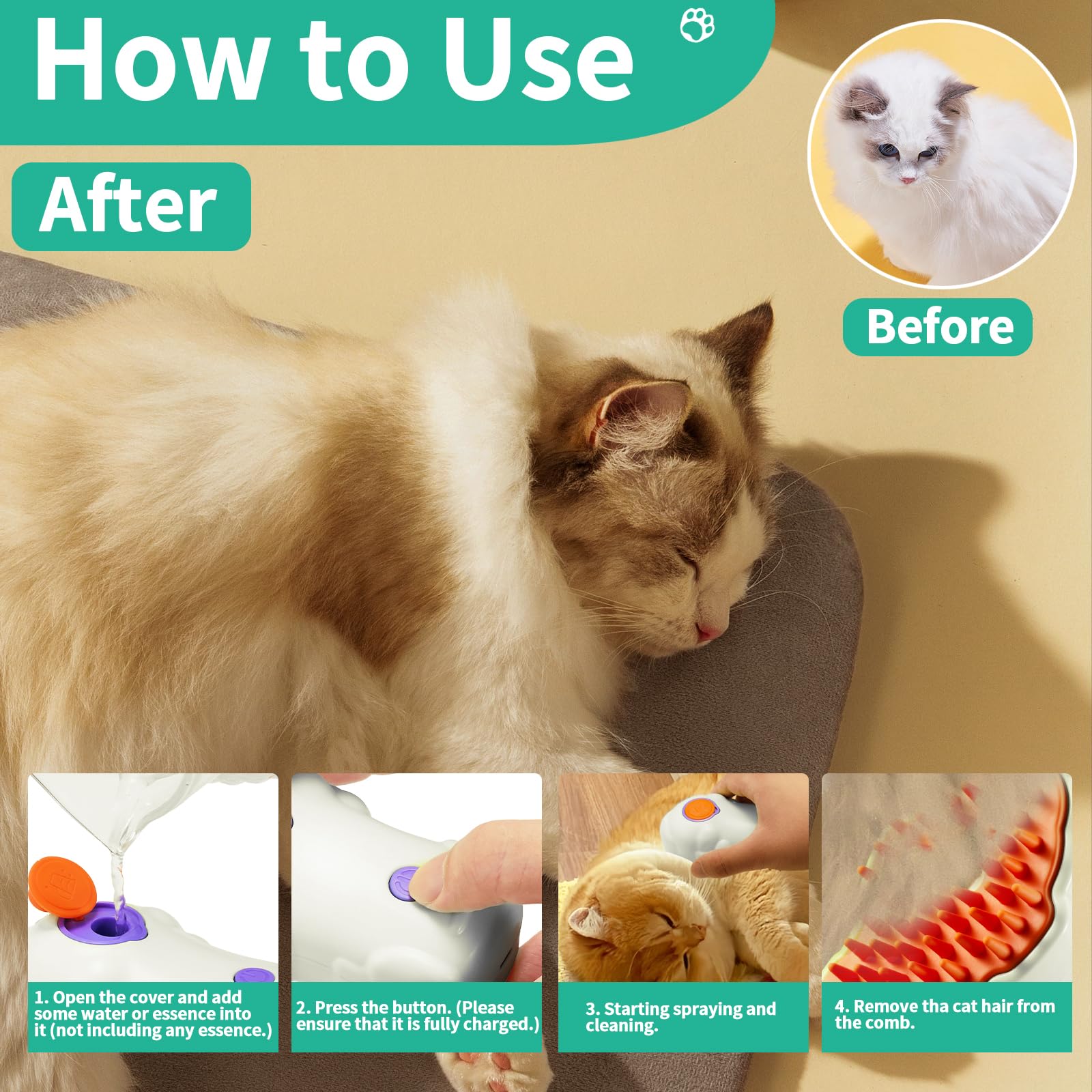 3-in-1 Rechargeable Steamy Cat Brush - Pet Hair Remover for Shedding Control at Home