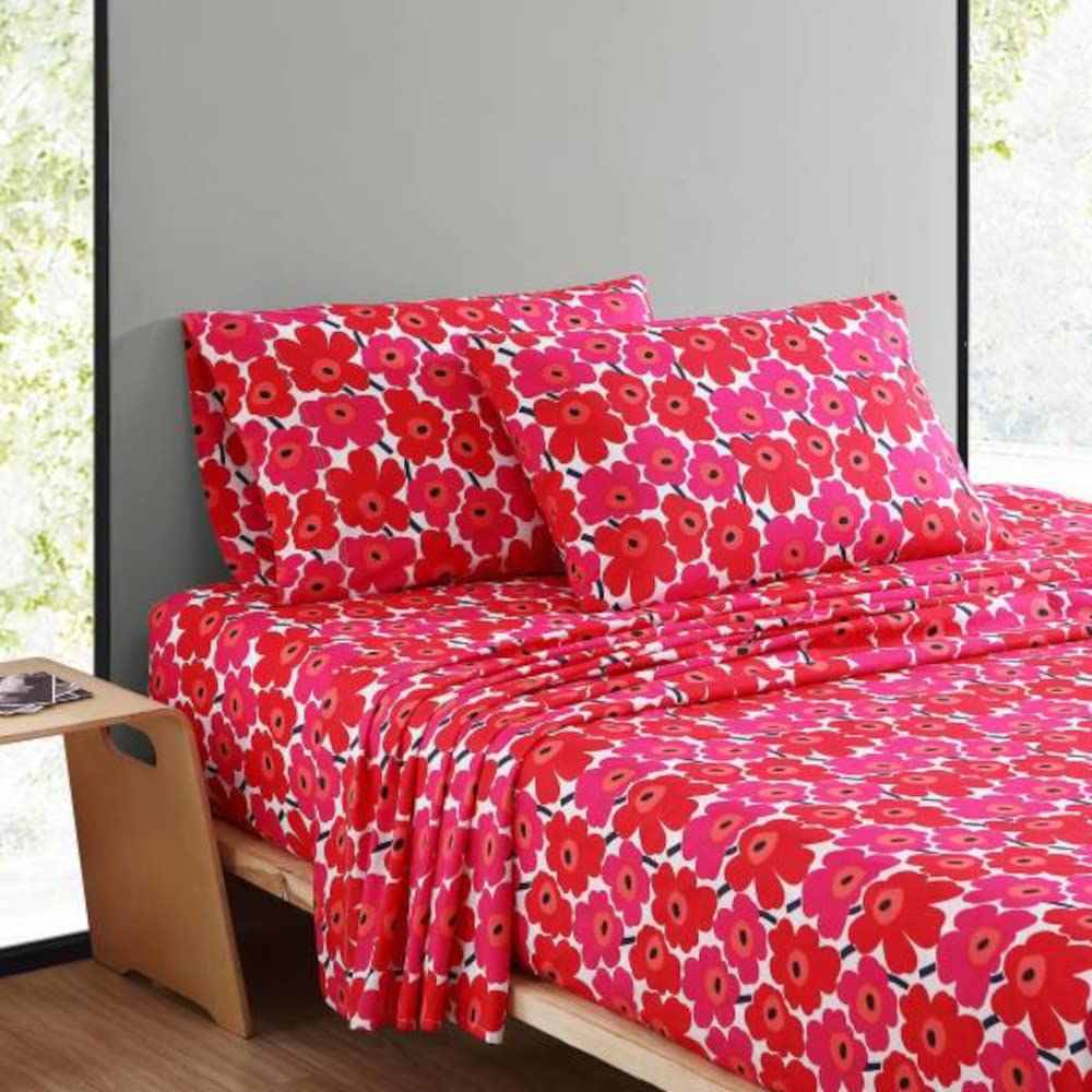 MARIMEKKO Queen Sheets - 100% Cotton Percale Bedding Set | Crisp & Cool Luxury Bed Linens | Unikko Floral Pattern | Perfect for Master Bedroom & Guest Room Decor