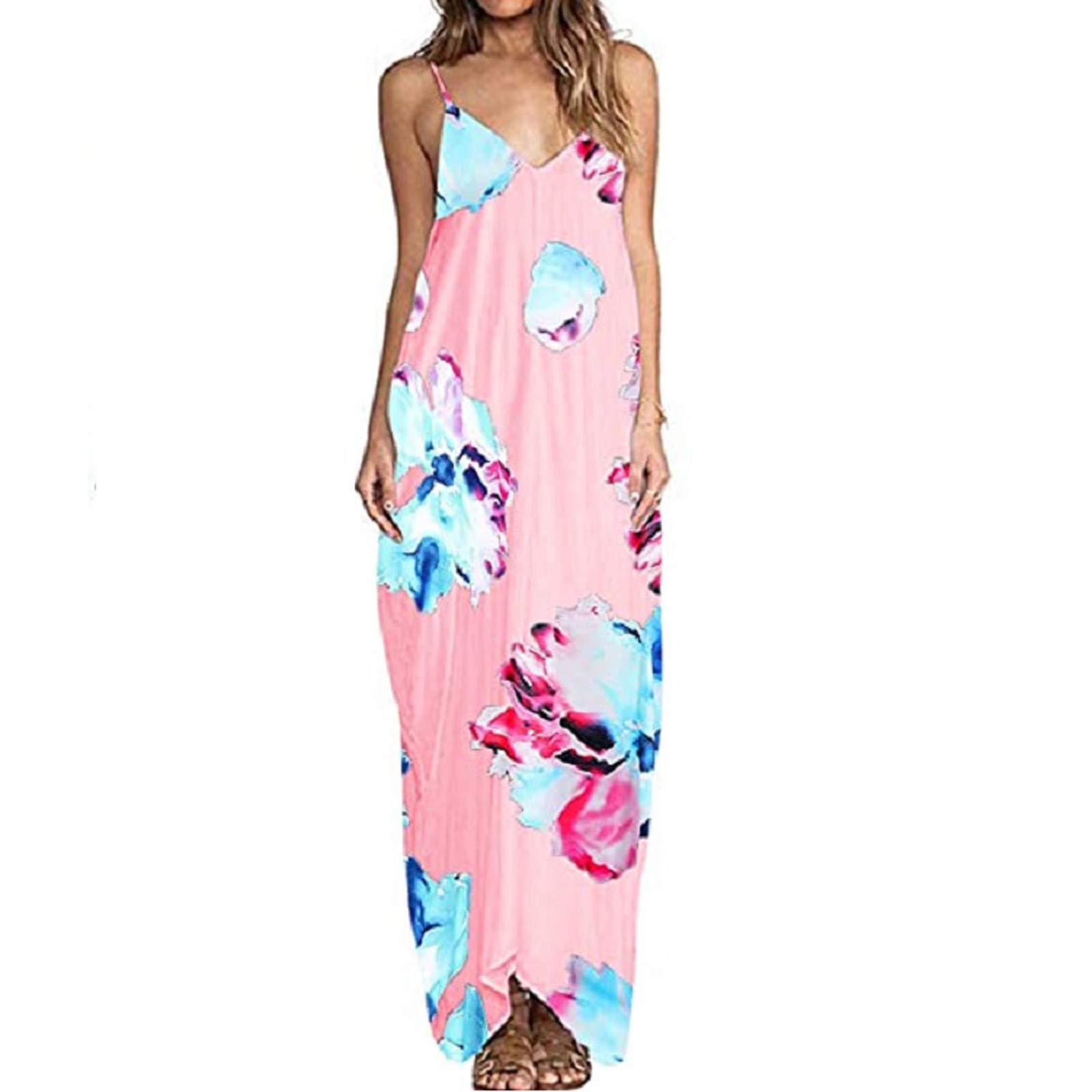 ZASUN Women's Sexy V-Neck Floral Print Maxi Dress - Summer Beach Sundress, Casual Loose Long Sling Dress for Vacation, Party & Outdoor Activities
