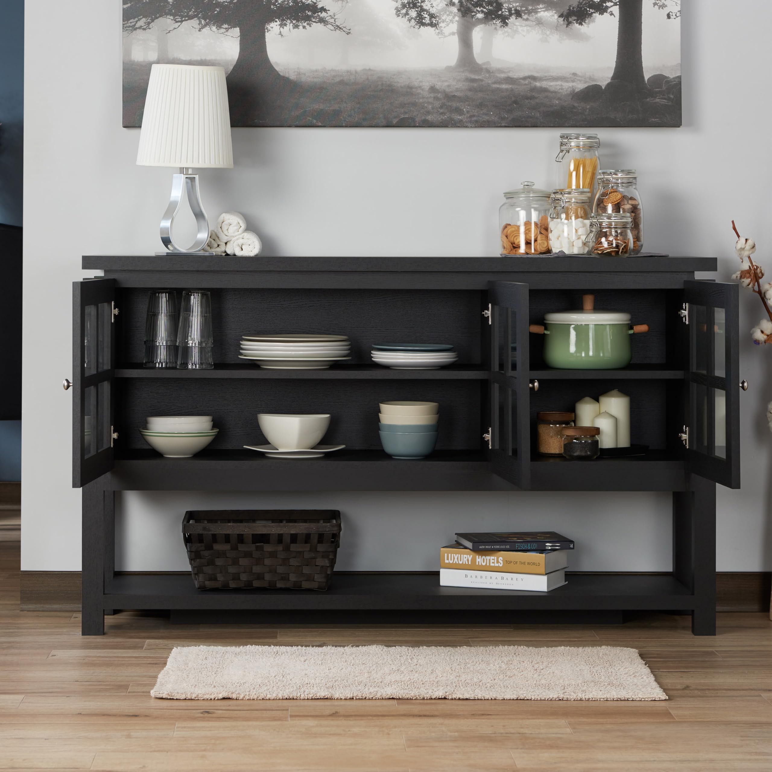 Furniture of America Julianna Farmhouse Sideboard Buffet Cabinet with Storage & Glass Doors - Wood Kitchen Coffee Bar, Entryway Console Table for Dining Room & Living Room - Perfect for Home Decor & Entertaining (Black)