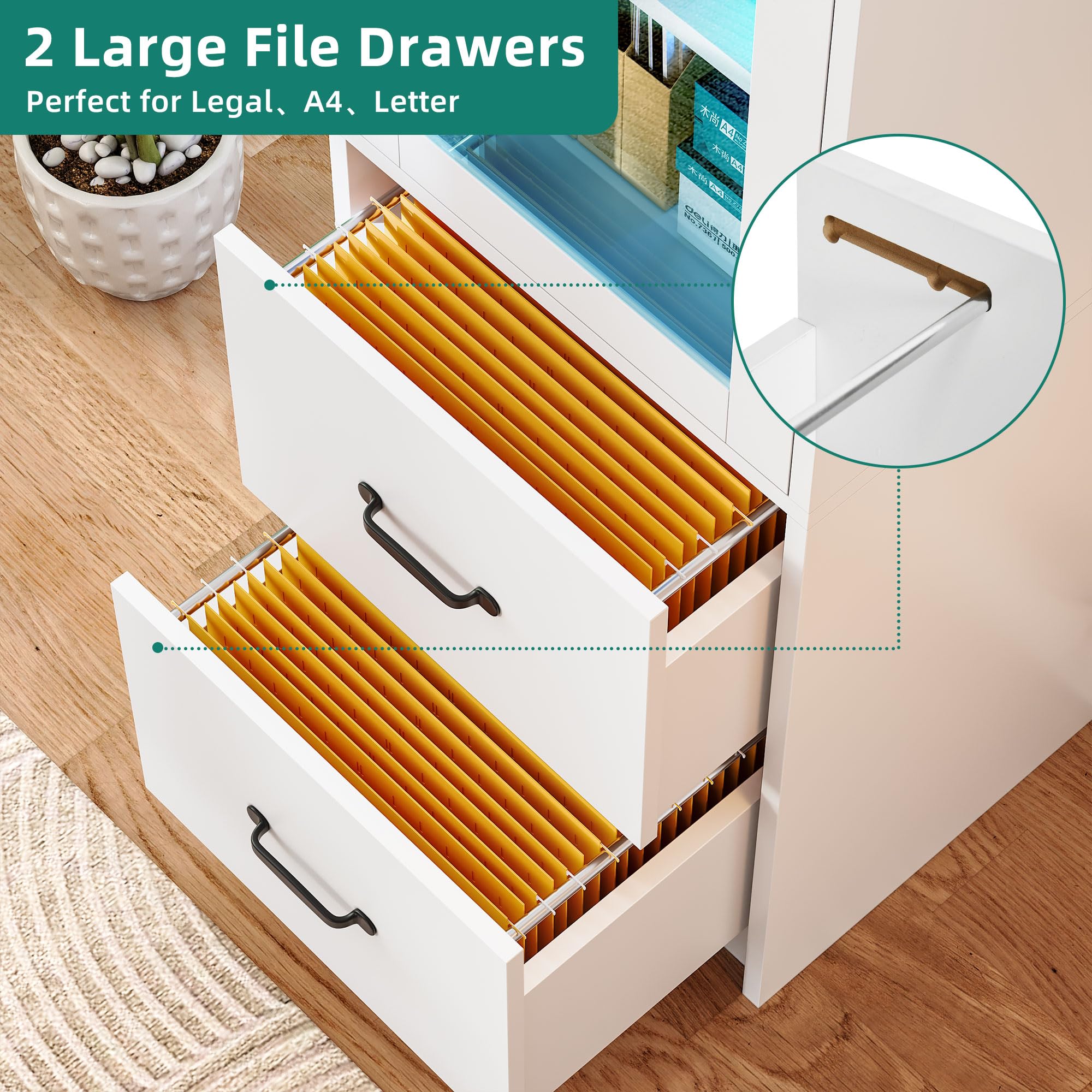 YITAHOME 2-Drawer File Cabinet with Bookshelf & Glass Doors - LED Light, Printer Stand & Storage Shelf - Wood Home Office Cabinet Fits Letter, Legal & A4 Size (White) - Perfect for Organizing Documents & Office Supplies in Small Spaces