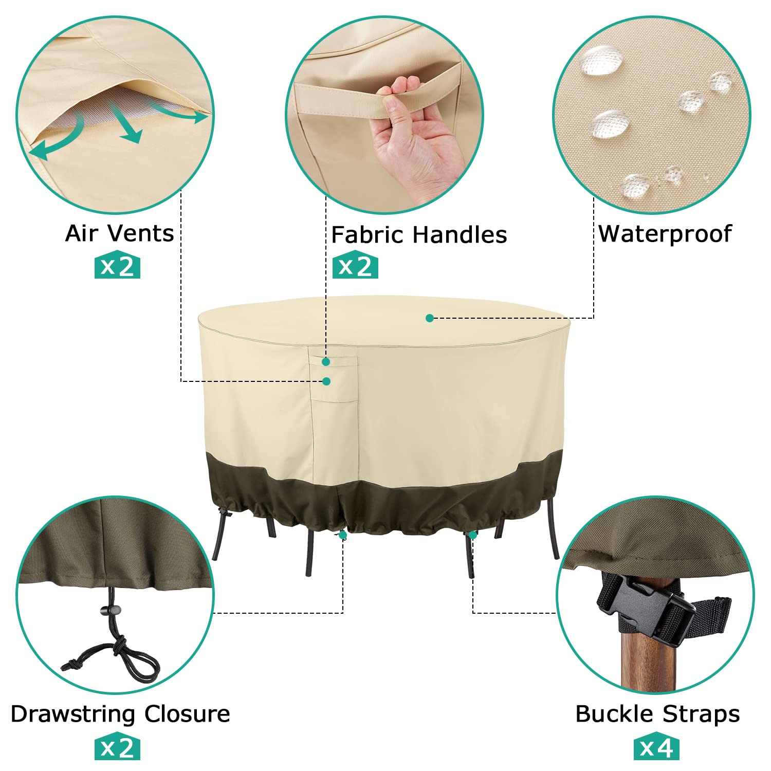 Waterproof Outdoor Patio Furniture Covers for Round Table & Chairs Set - UV Resistant, Anti-Fading, 72-Inch Diameter (Beige/Olive) - Perfect for Backyard, Garden & Deck Protection Against Rain, Sun & Weather Damage