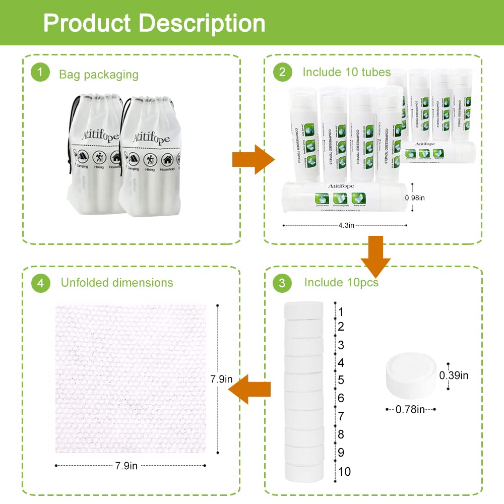 Atitifope 100-Pack Compressed Face Towels & Travel Wipes - Reusable Camping Cleaning Cloths with 10 Carrying Cases & Storage Bag - Perfect for Travel, Hiking, Gym & Emergency Kits