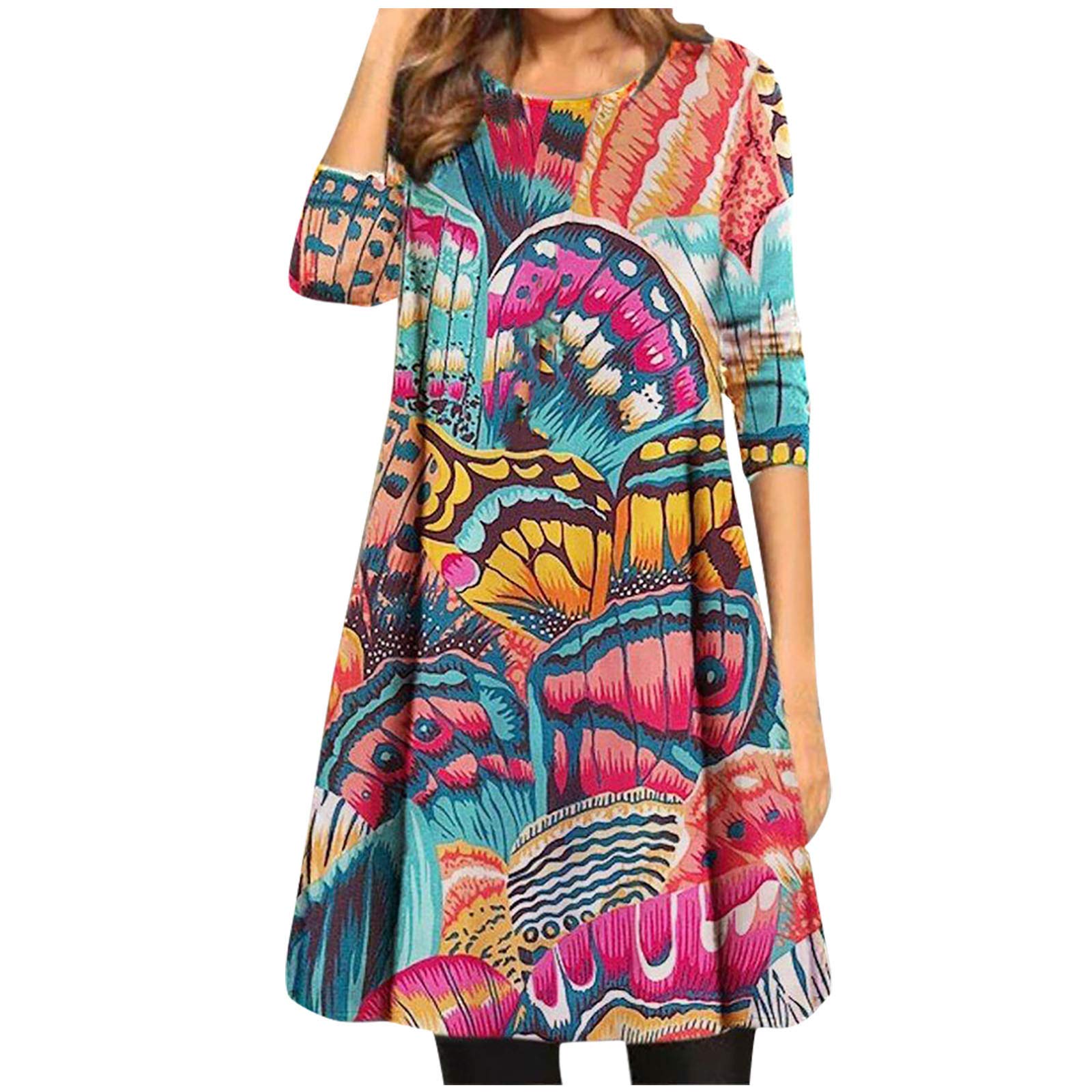 Stylish Printed Long Sleeve Midi Dress for Women - Plus Size Blue Beach Dress | Perfect for Vacation, Summer Outfits & Casual Wear