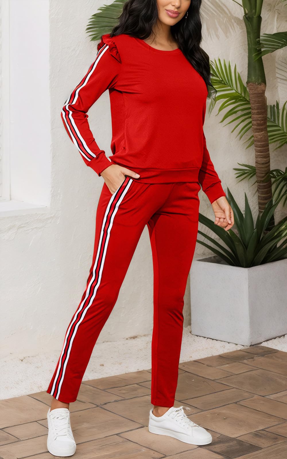 AKMIPOEM Women's 2-Piece Outfit - Ruffled Sleeve Sweatshirt & Jogger Pants Lounge Set | Casual Tracksuit for Workout, Yoga & Streetwear Fashion