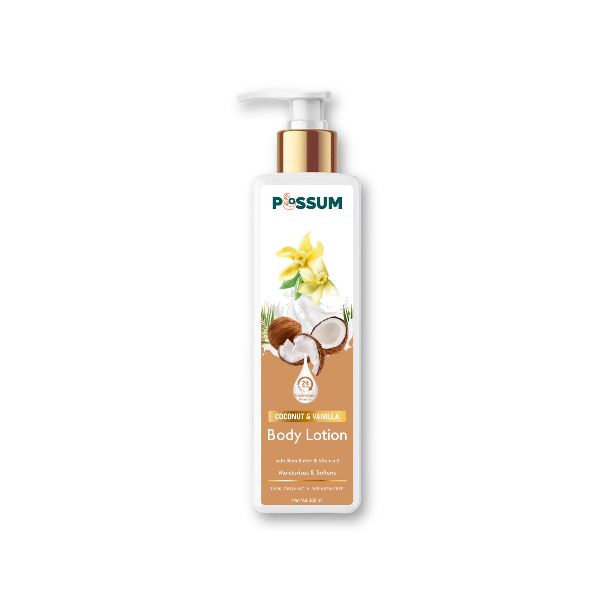 POSSUM Coconut Vanilla Body Lotion with Shea Butter & Vitamin E - Deep Moisturizing Cream for Dry Skin, Anti-Wrinkle Treatment, Paraben-Free, 200ml - Perfect for Daily Hydration & Nighttime Skin Repair