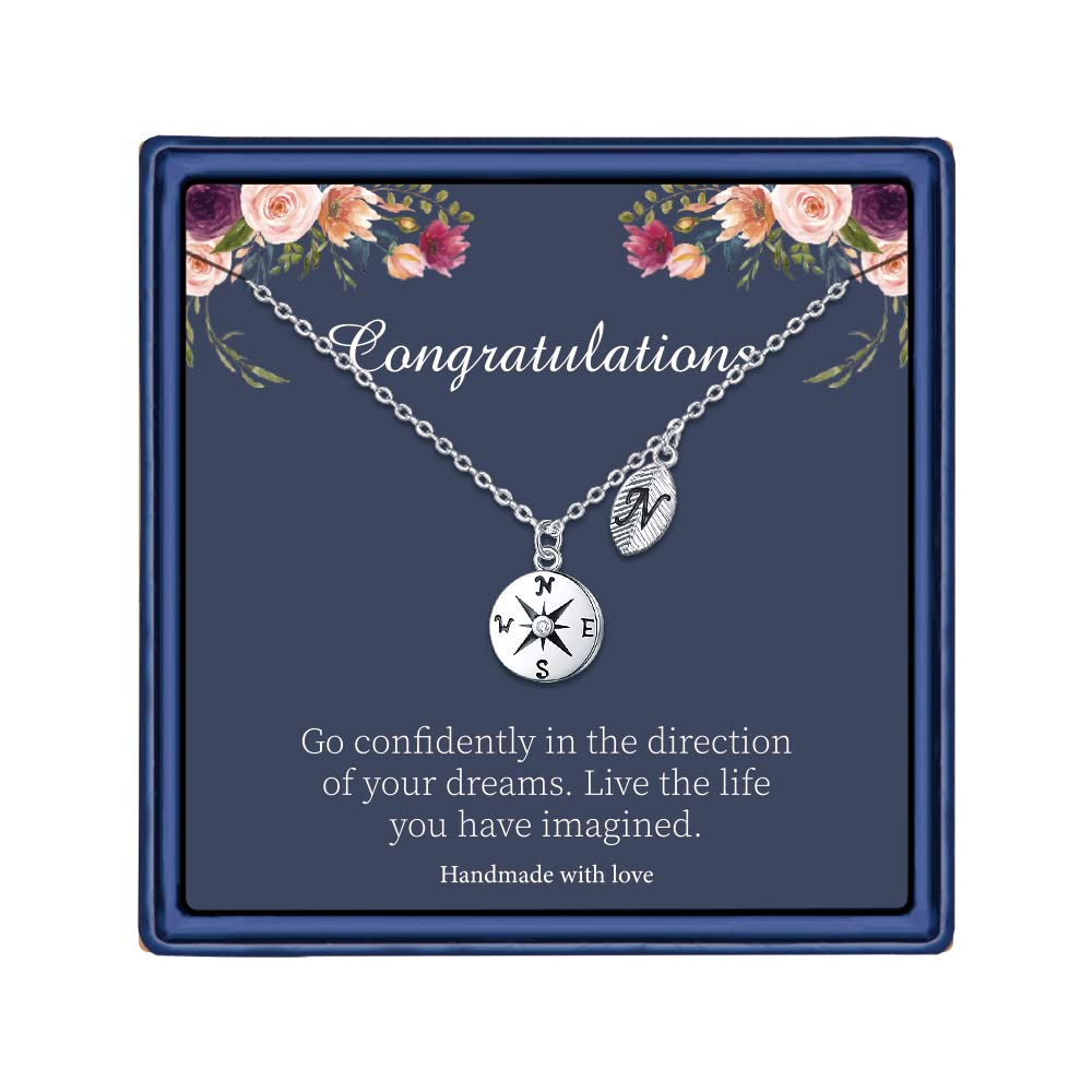 MONOOC Personalized Graduation Necklace for Women - Compass & Leaf Initial Pendant, Class of 2024 Gift for High School & College Graduates | Perfect Graduation Gift for Her, Sister, Daughter | Ideal for Commencement Ceremonies, Graduation Parties & Memory Keepsakes