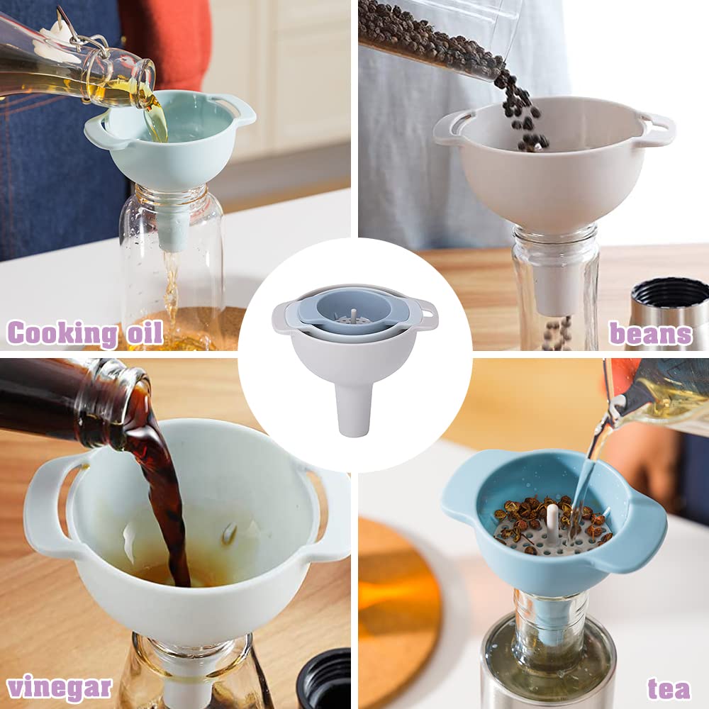 NZKNP 4-in-1 Kitchen Funnel Set - BPA-Free Plastic, 3 Sizes with Detachable Strainer, Easy to Clean & Store for Cooking, Baking, and Liquid Transfer