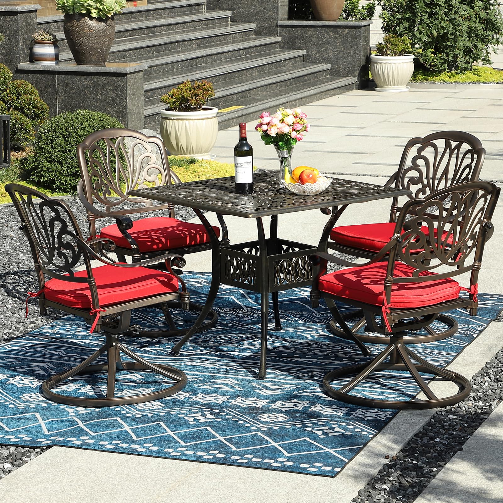 TITIMO 2-Piece Outdoor Patio Dining Chair Set - Cast Aluminum Bistro Swivel Rocker Chairs with Cushions for Garden, Deck, Poolside - Antique Bronze & Khaki (Red) - Perfect for Backyard, Balcony, and Outdoor Entertaining