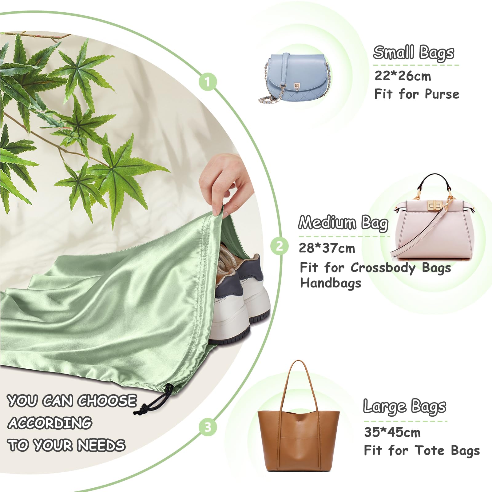 Premium 4-Pack Satin Dust Bags for Handbags & Purses - Silky Drawstring Storage Covers in Sage Green | Travel Pouch for Clothes, Shoes & Accessories | Perfect for Luxury Bag Protection, Closet Organization & Travel Storage