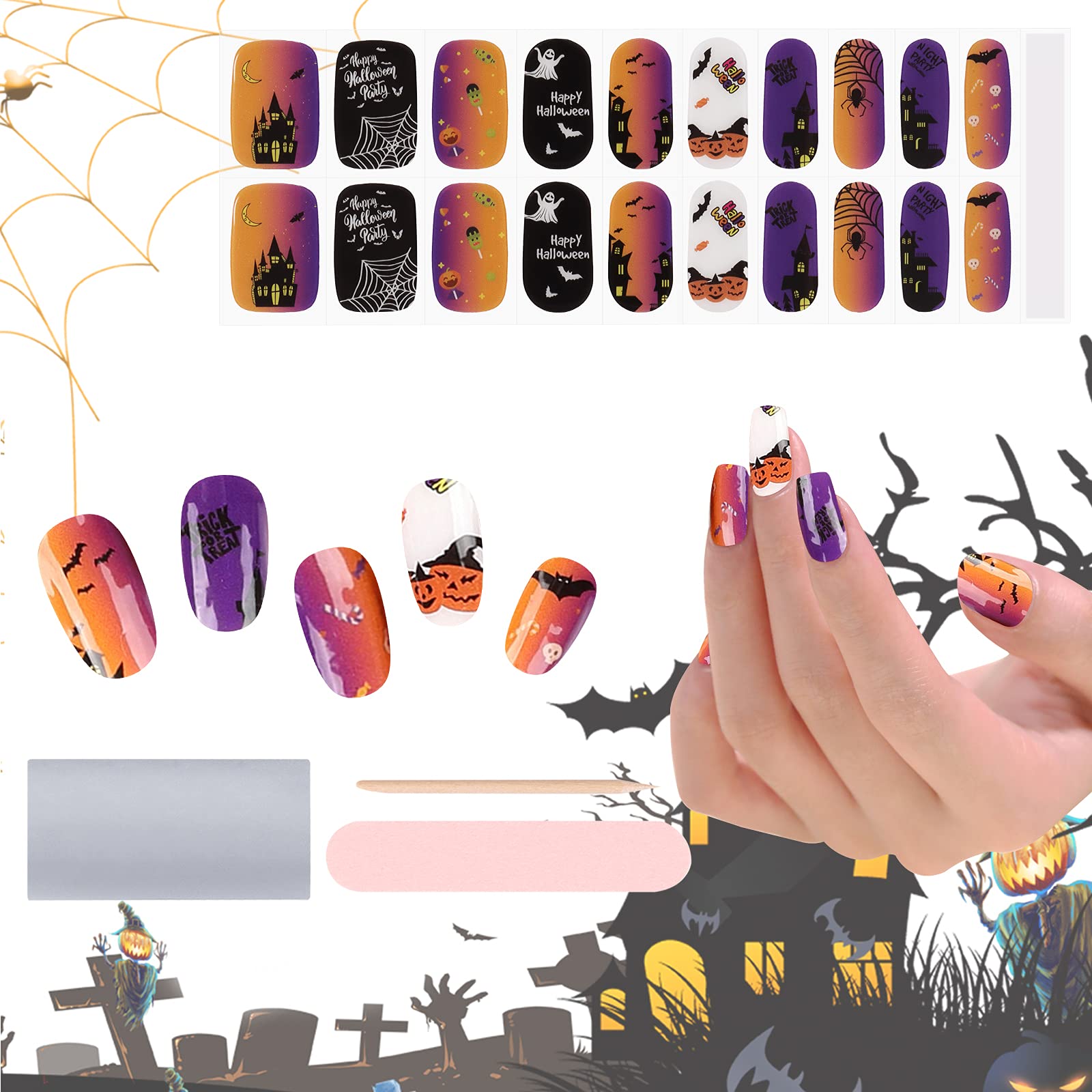 EBANKU Halloween Cured Gel Nail Wraps - 20PCS Pumpkin Skull Spider Ghost Nail Polish Stickers for Women & Girls, DIY Nail Art Gel Strips (UV/LED Lamp Required) - Perfect for Halloween Parties, Costume Events & Spooky Nail Designs