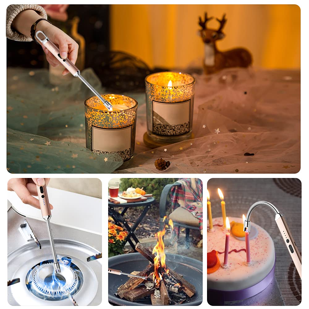 SUPRUS Rechargeable USB Arc Lighter with Safety Switch - 360° Flexible Neck, Flameless Electric Lighter for Candles, Camping, Cooking & Outdoor Use (Black + Champagne Gold) - Perfect for Home, Travel, and Emergency Kits