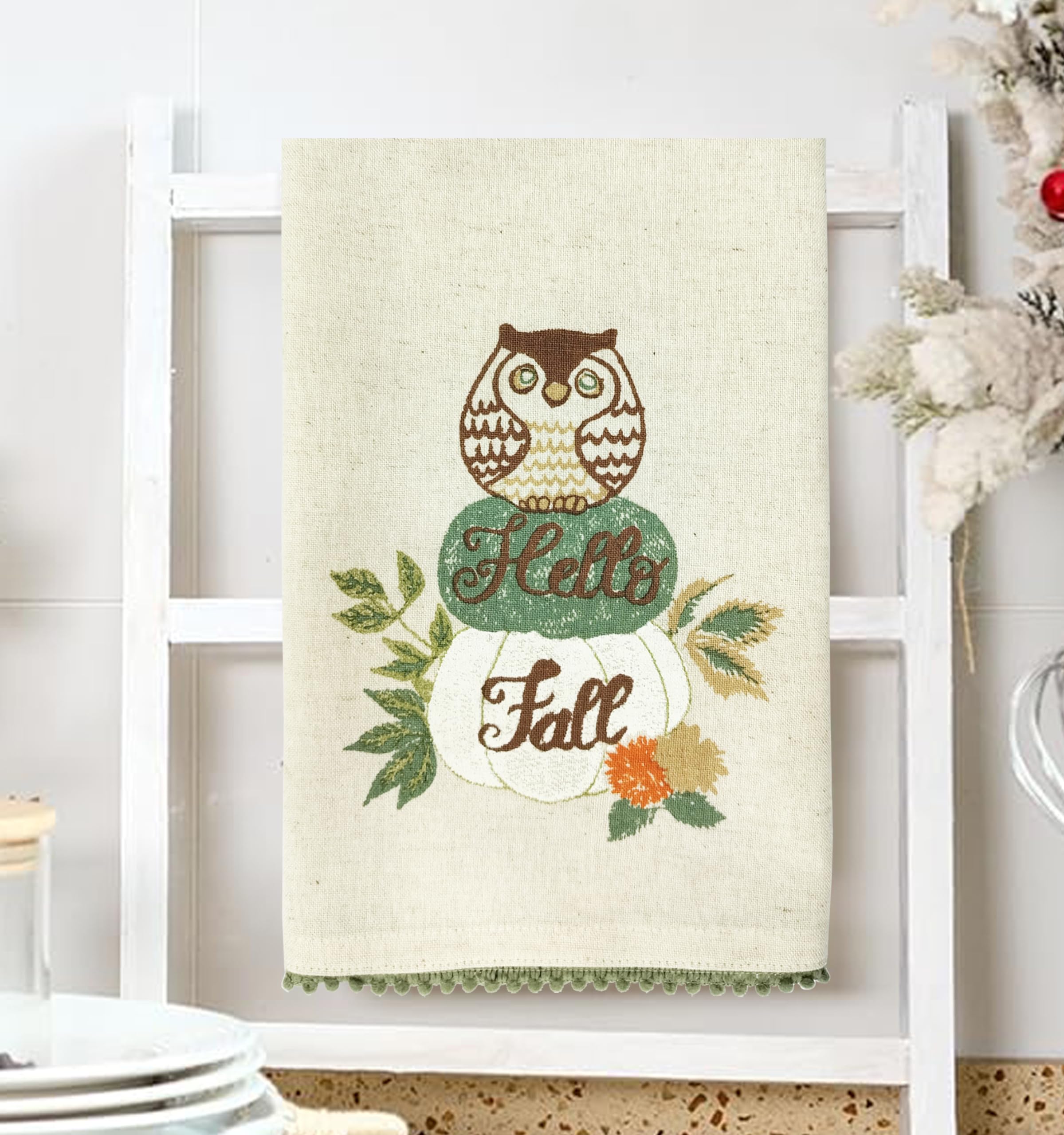 HOMIDATE Quick-Dry Absorbent Kitchen Towels Set of 2 (20x28 Inches) - White, Green & Brown Dish Cloths for Cleaning, Drying Dishes & Holiday Decor - Perfect for Christmas, Thanksgiving & Everyday Kitchen Use
